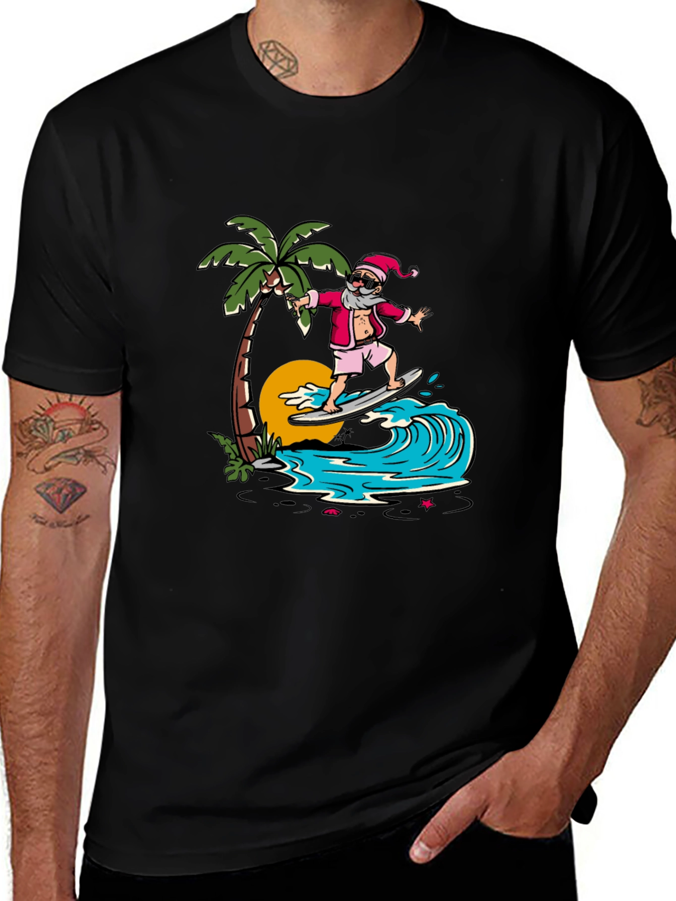 Variant 8 of Surfing Santa Graphic Tee - Tropical Christmas