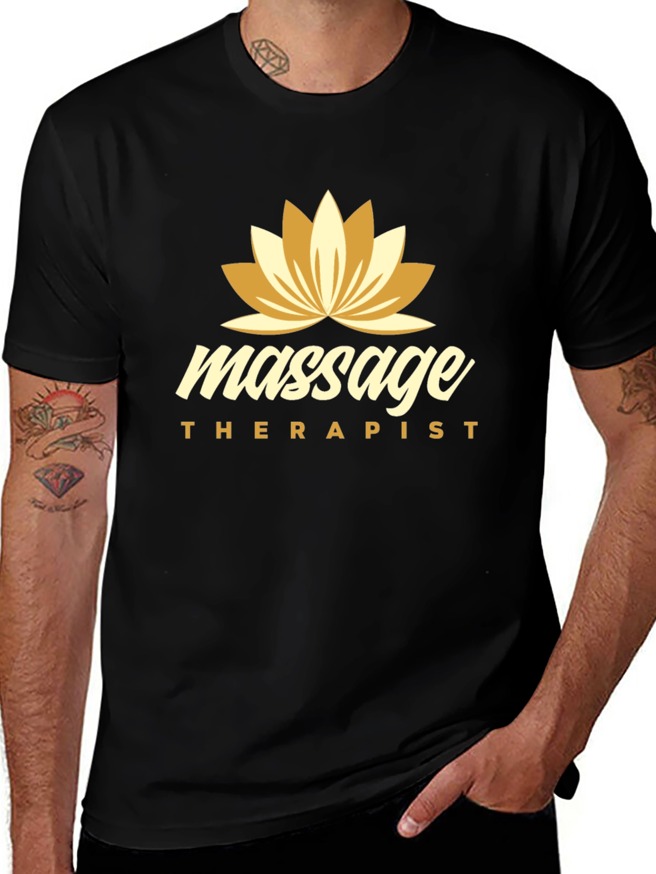 Variant 25 of Massage Therapist Black T-Shirt with Lotus Flower Design