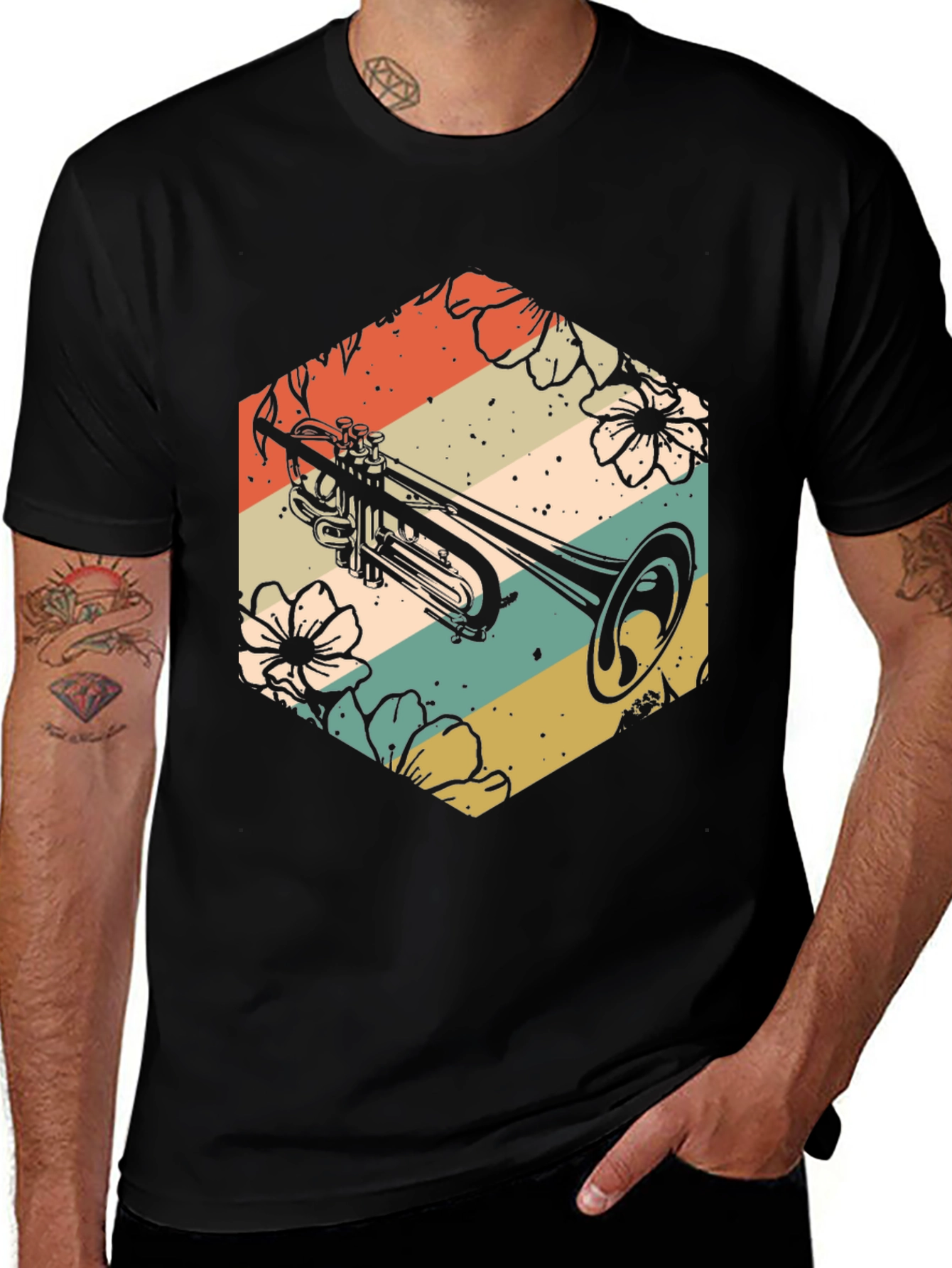 Variant 26 of Vintage Trumpet Floral Graphic Tee - Music Lover's T-Shirt