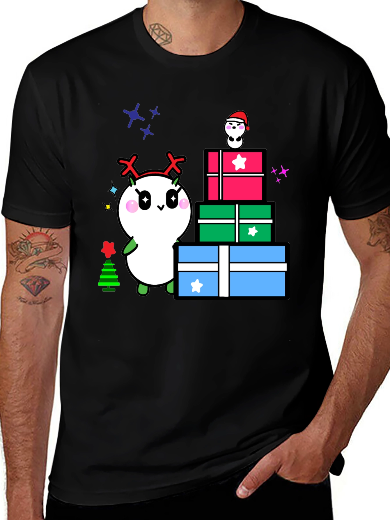 Variant 17 of Festive Character Stacked Gifts Graphic Tee