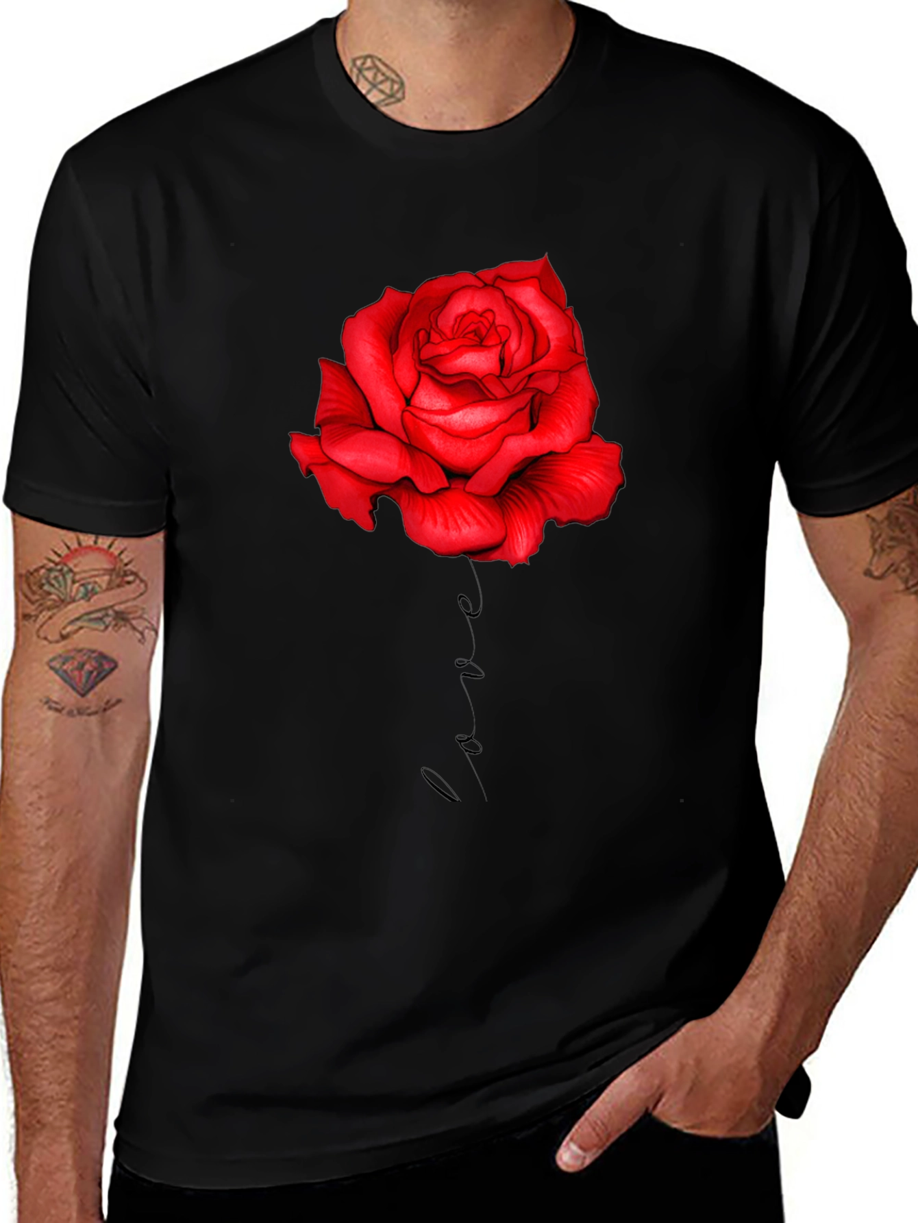 Variant 2 of Red Rose Love Print Black T-Shirt