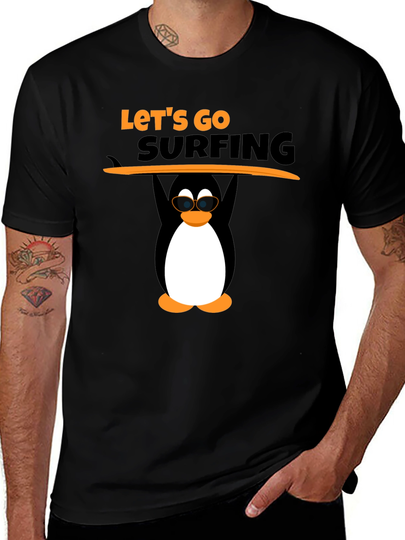Variant 2 of Let's Go Surfing Black T-Shirt with Penguin Graphic