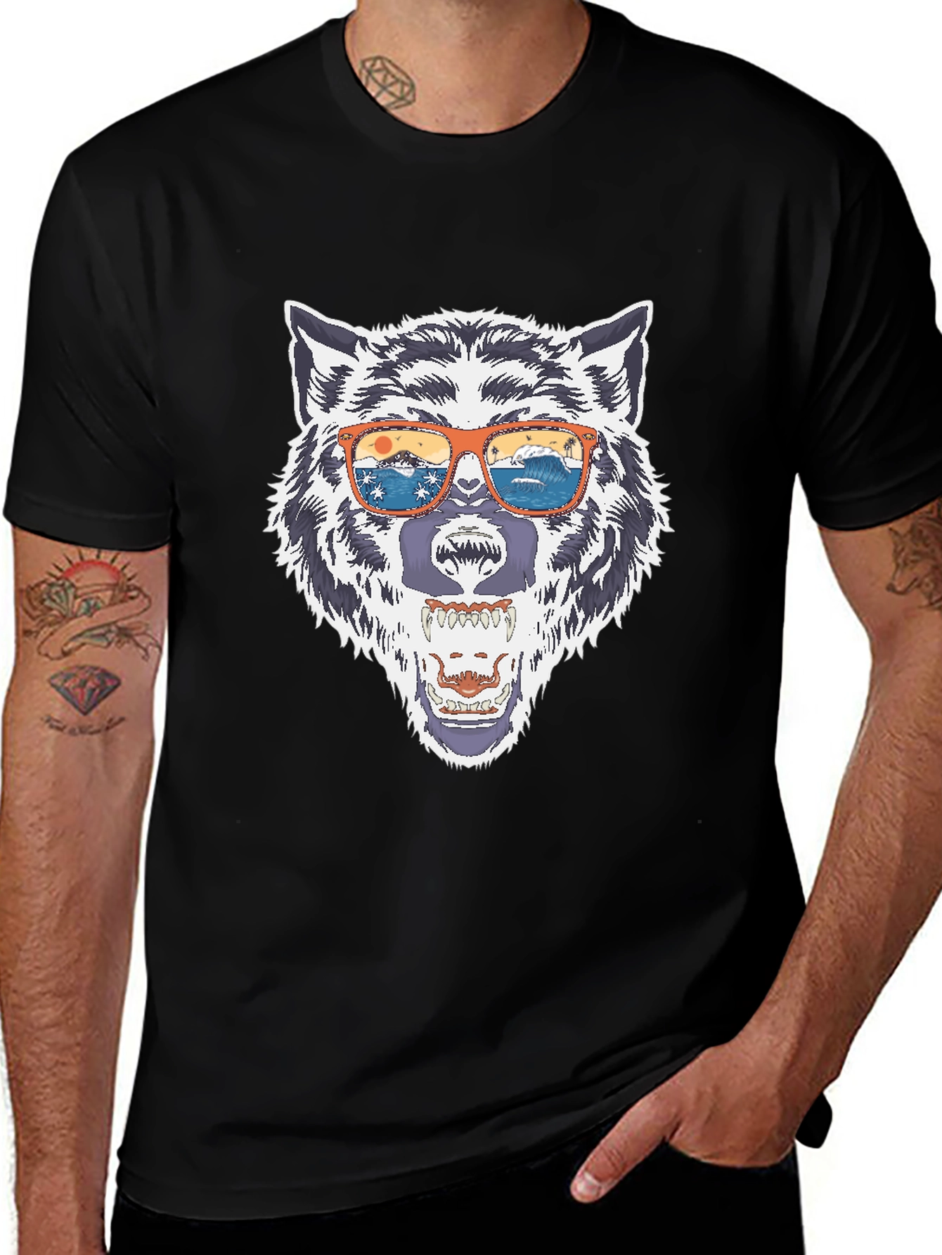 Variant 19 of Wolf Graphic Tee with Sunglasses - Black Cotton T-Shirt