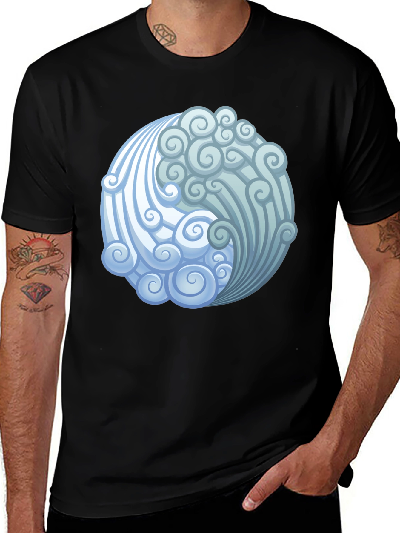 Yin Yang Wave Design Black T-Shirt