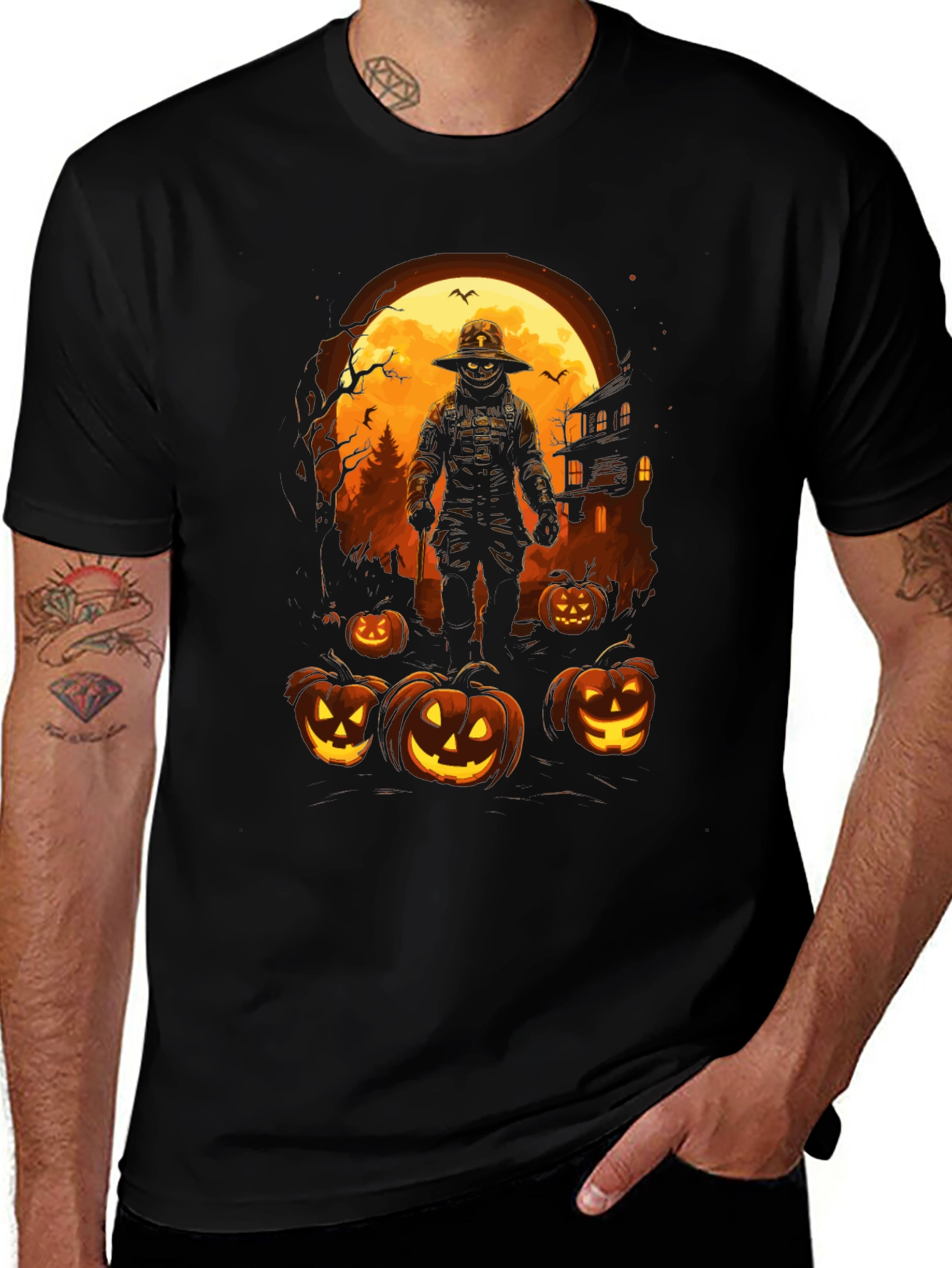 Halloween Scarecrow Pumpkin Patch Black T-Shirt