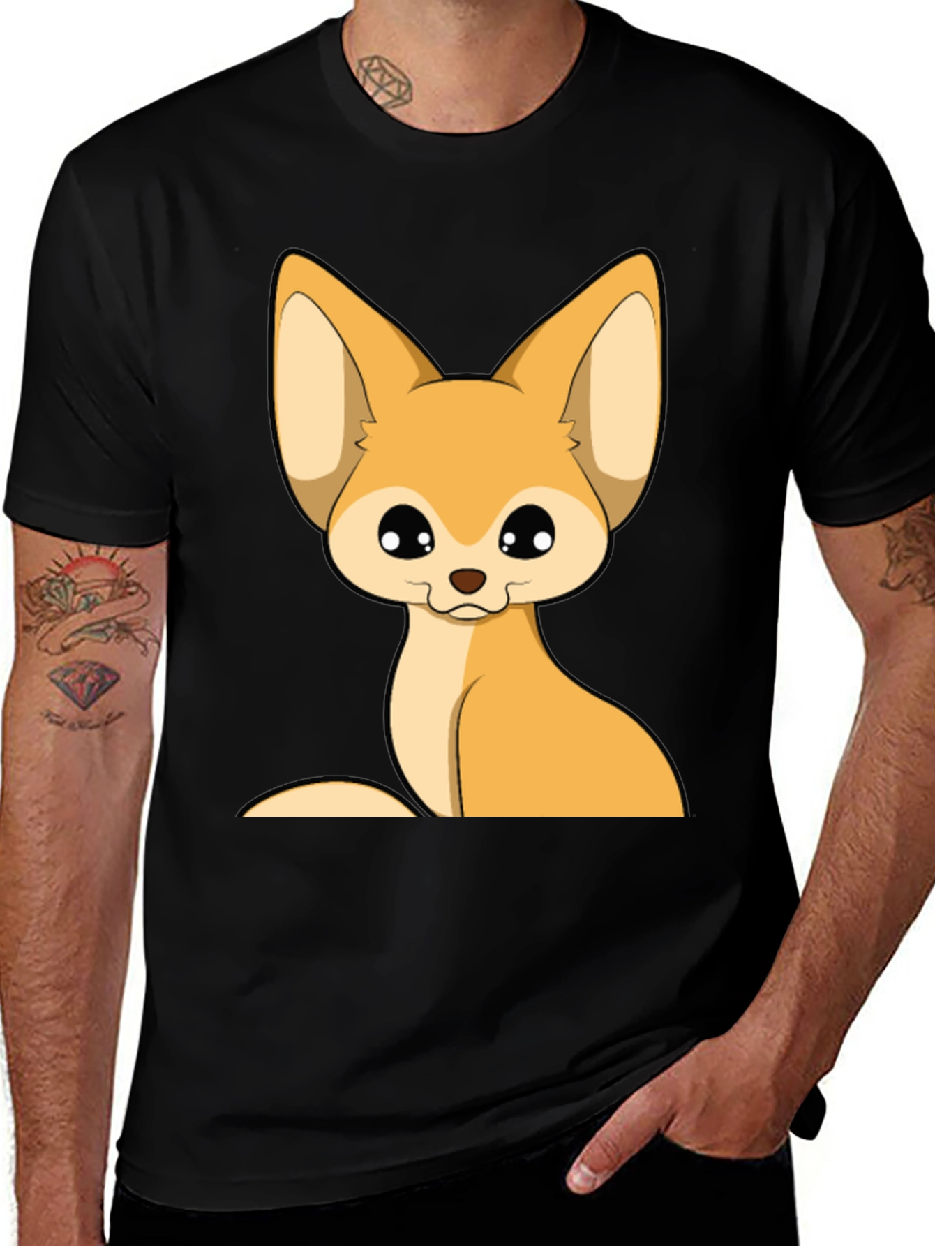Variant 30 of Cute Fennec Fox Graphic Tee - Black Cotton T-Shirt