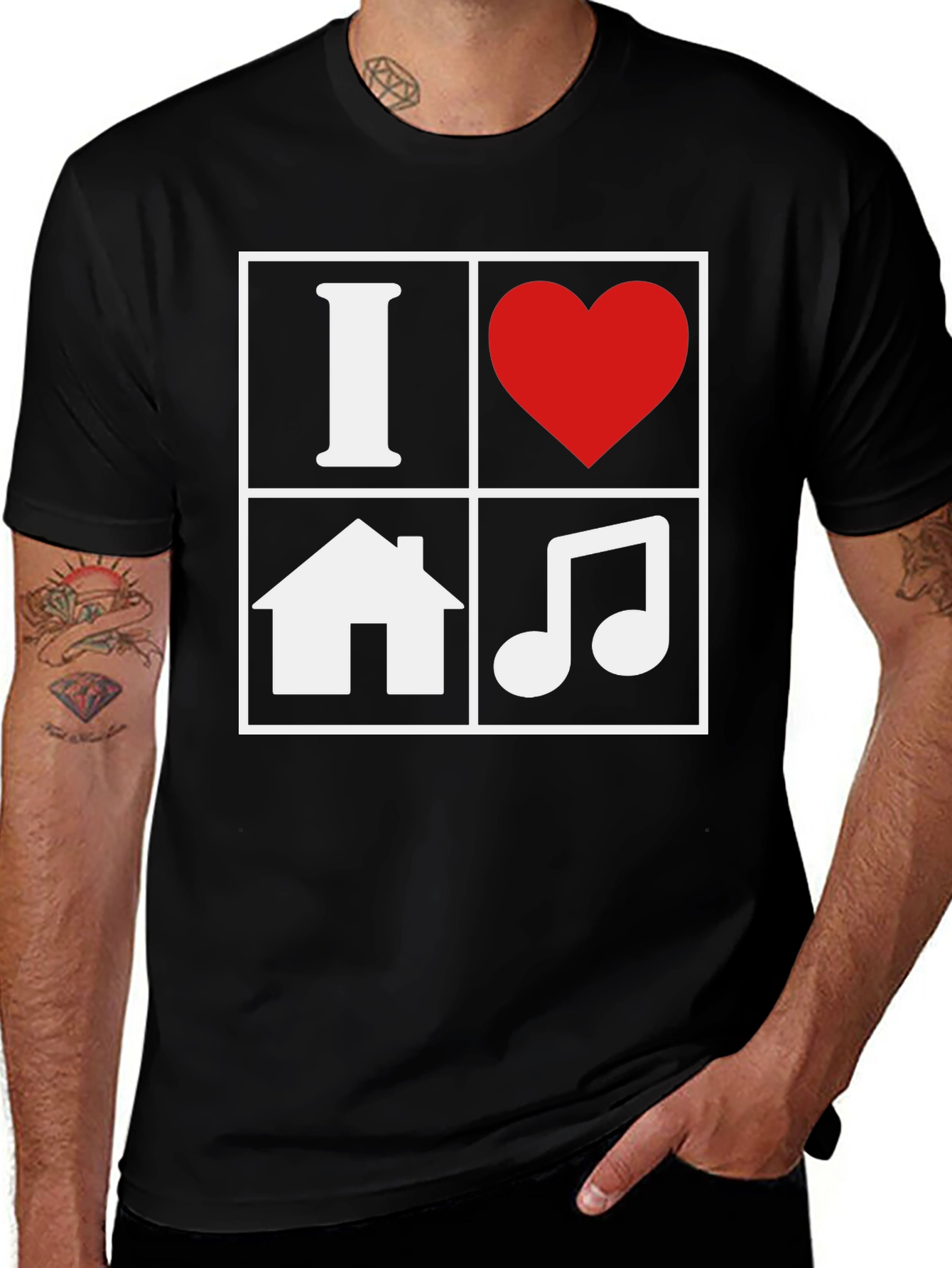 Variant 9 of I Love House Music Graphic Tee - Black Cotton T-Shirt
