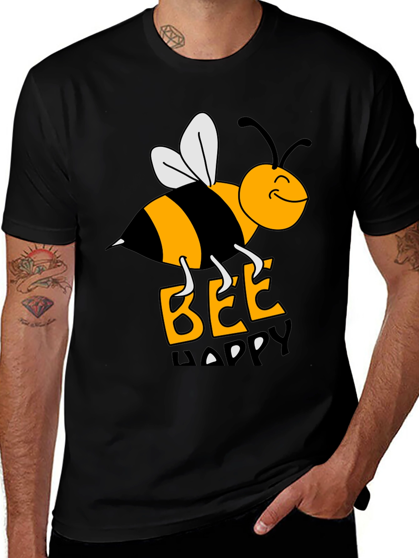 Variant 22 of Bee Happy Graphic Tee - Black Cotton T-Shirt