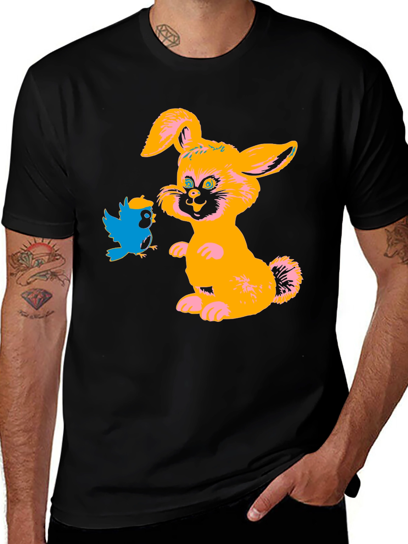 Variant 10 of Cartoon Rabbit & Bird Black T-Shirt