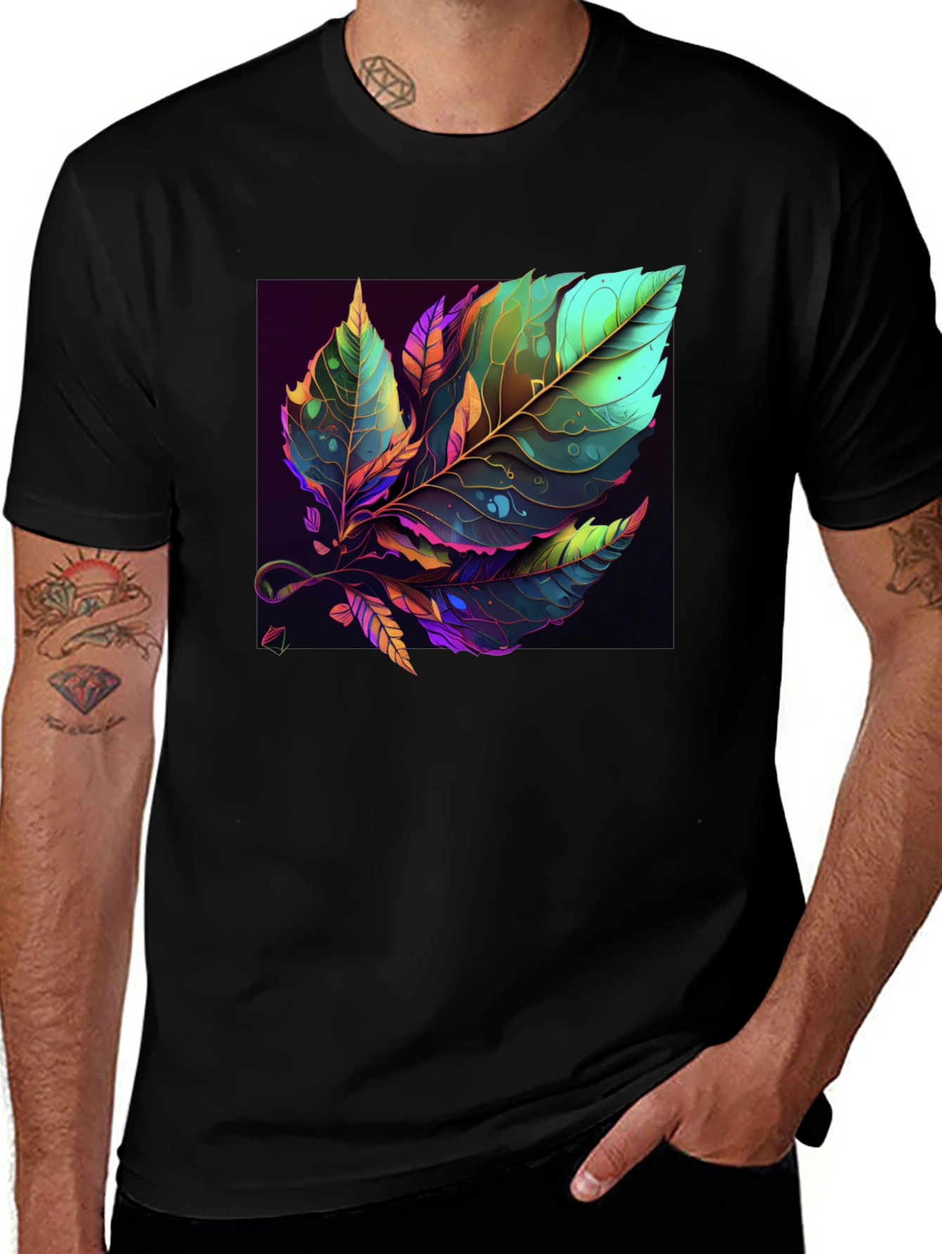 Botanical Leaf Print Black T-Shirt