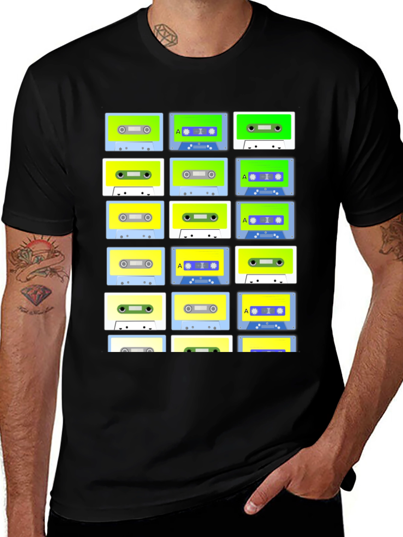 Variant 4 of Retro Cassette Tape Pattern Black T-Shirt