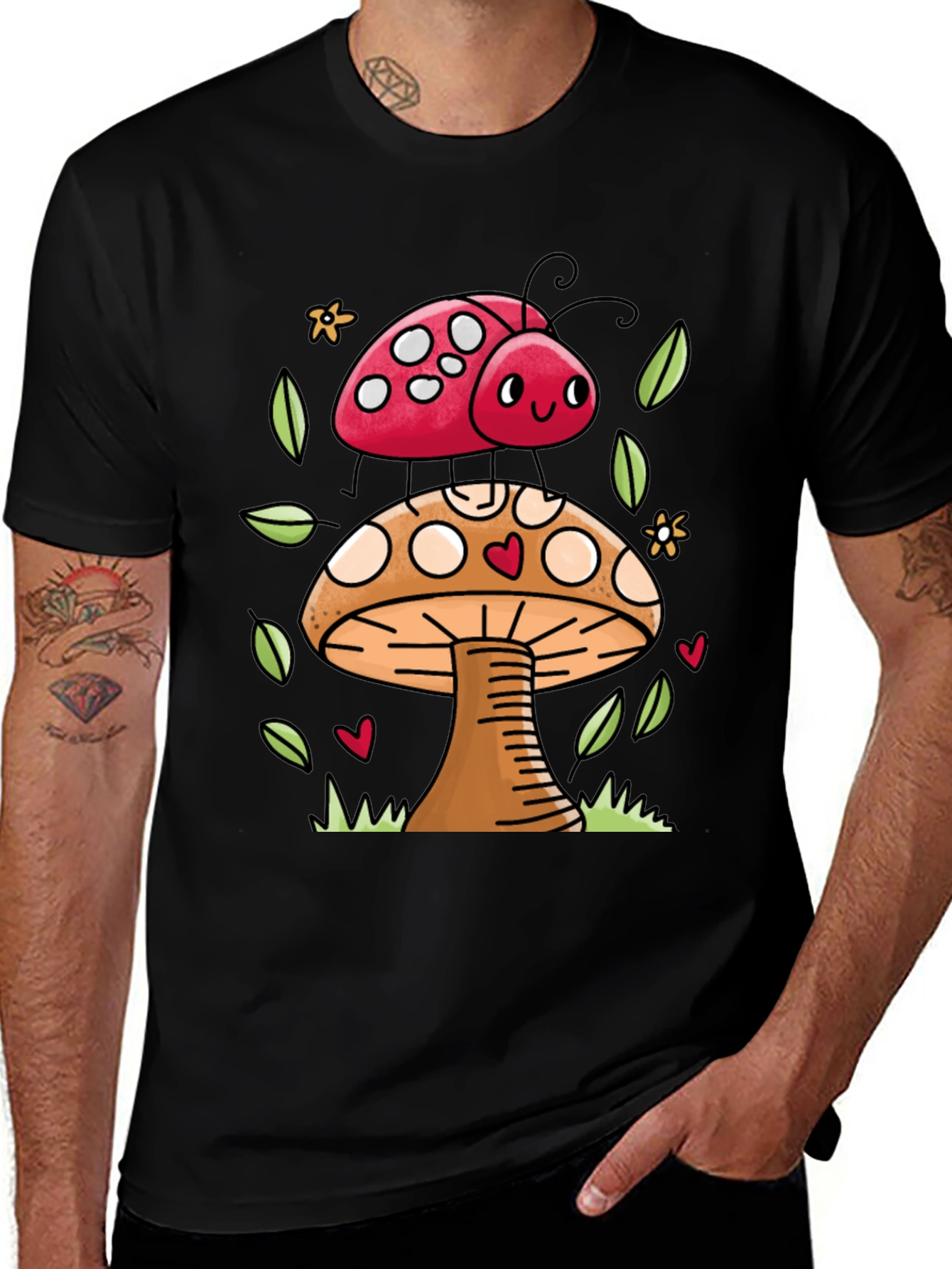 Variant 23 of Mushroom Ladybug Graphic Tee - Whimsical Black T-Shirt