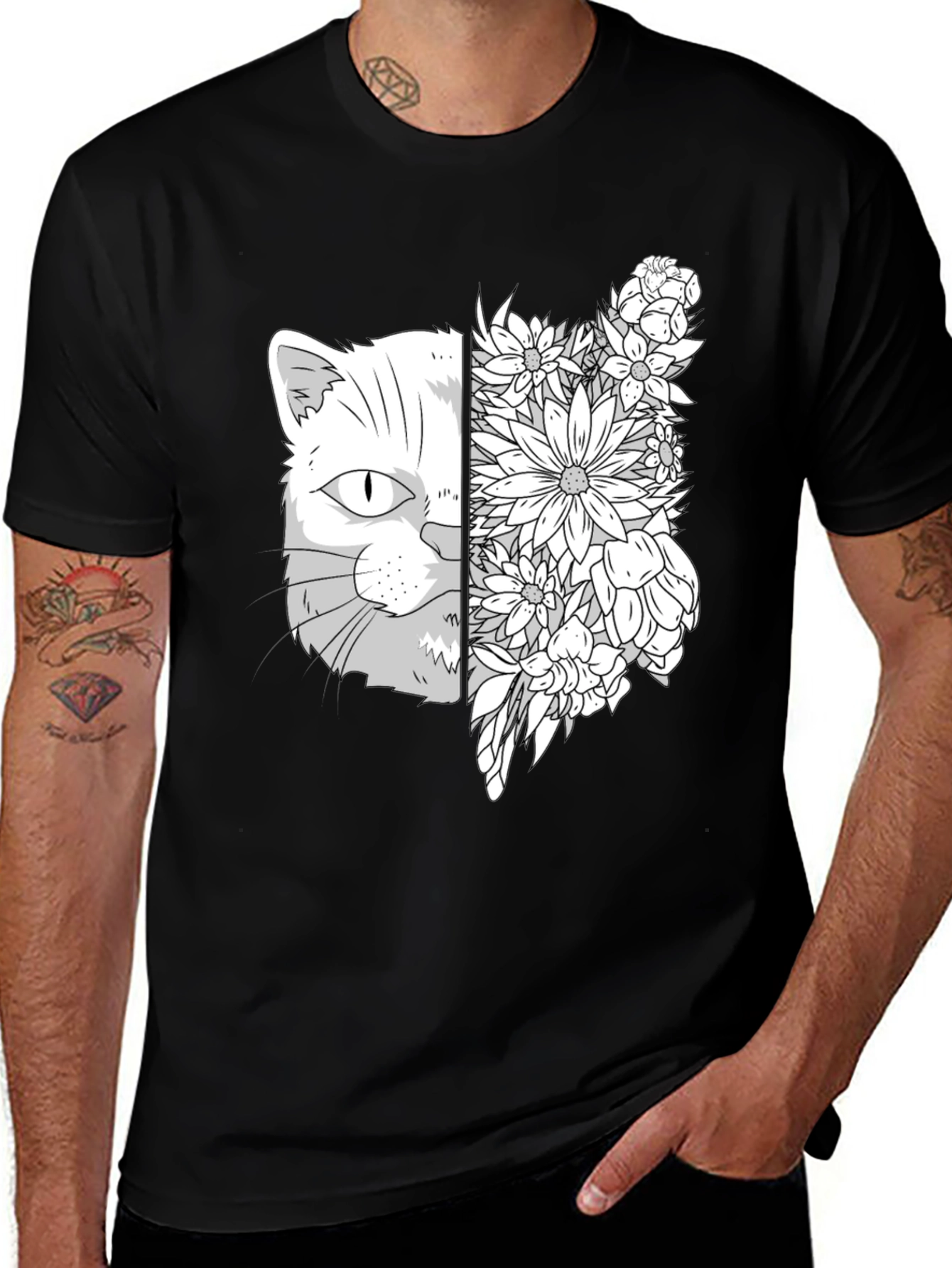 Variant 30 of Cat Floral T-Shirt - Artistic Graphic Tee