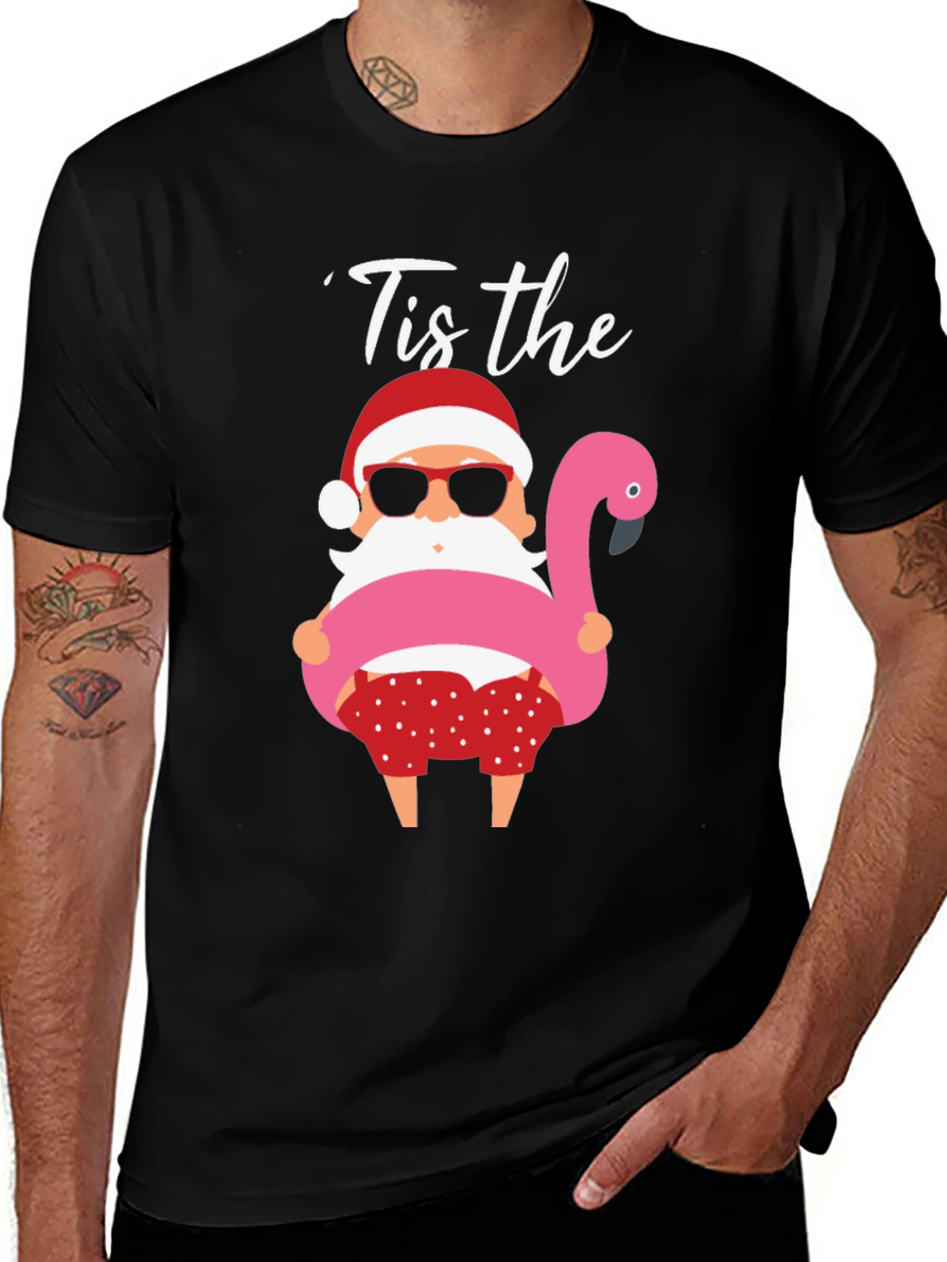 'Tis the Season Santa Flamingo Graphic T-Shirt