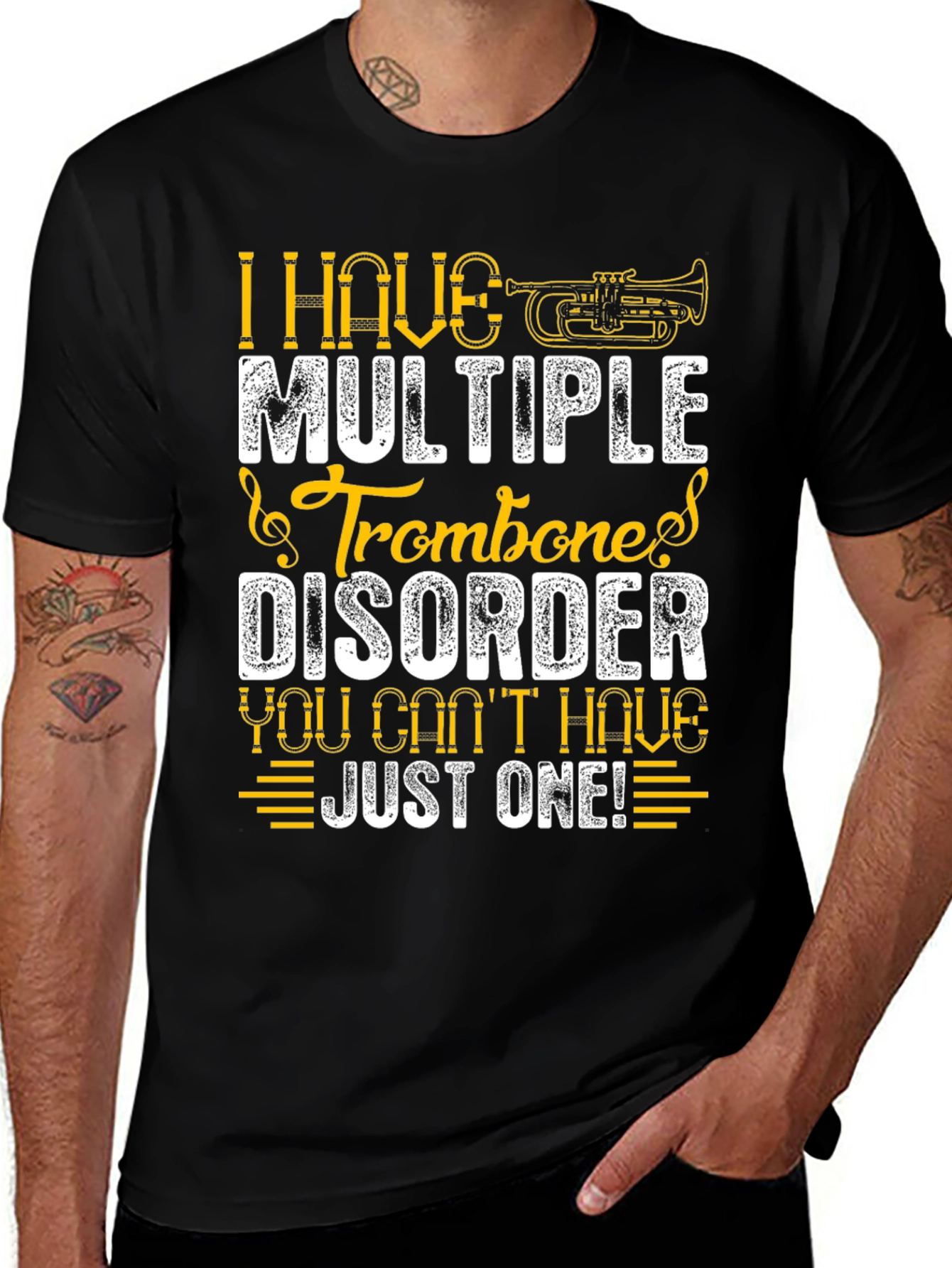 Black Multiple Trombone Disorder Funny Music T-Shirt main image