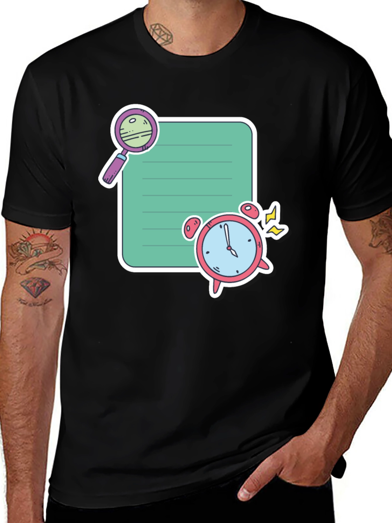 T-Shirt with Whimsical Magnifying Glass & Alarm Clock Design