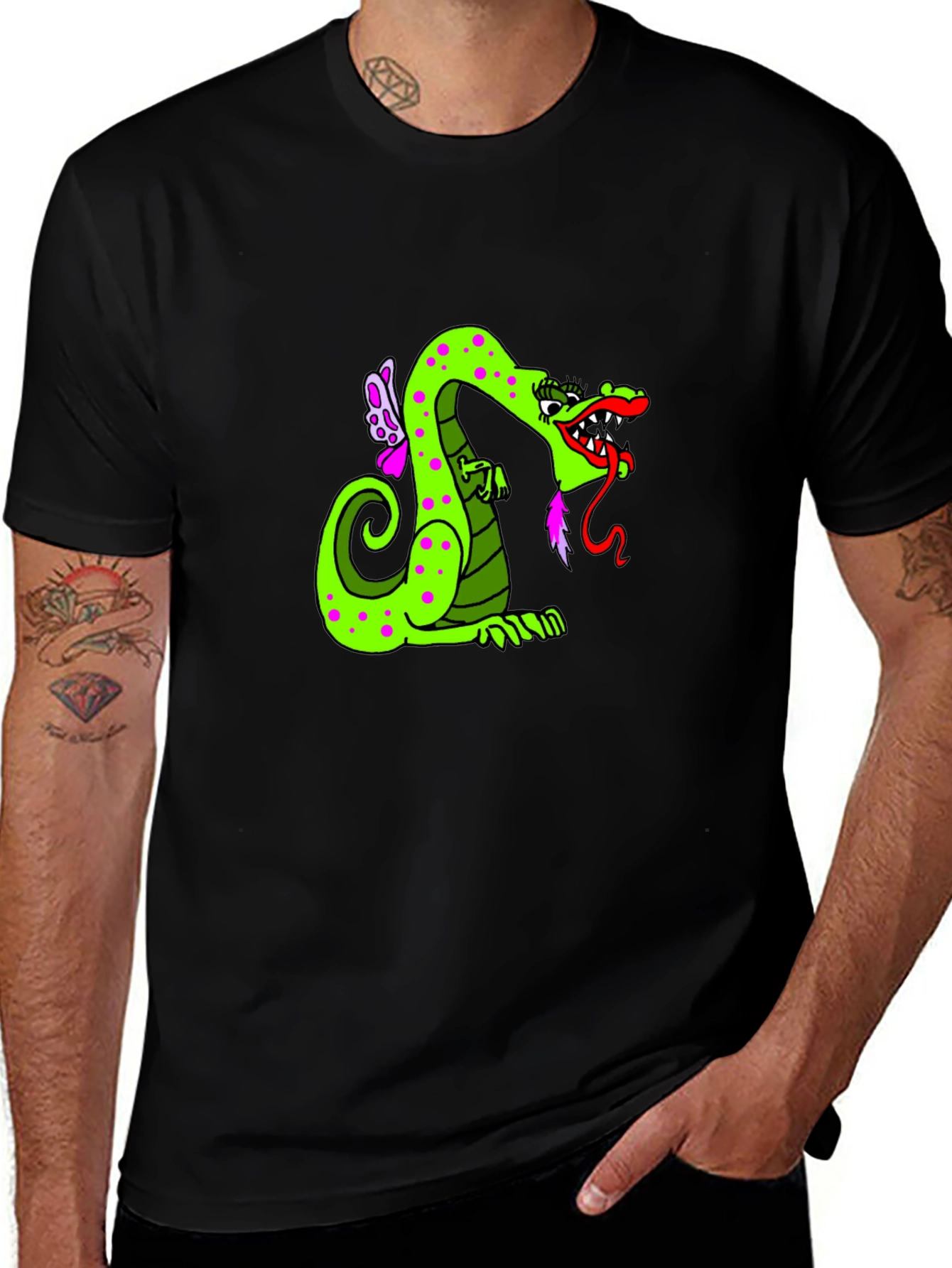 Variant 19 of Green Dragon Cartoon Graphic Black T-Shirt