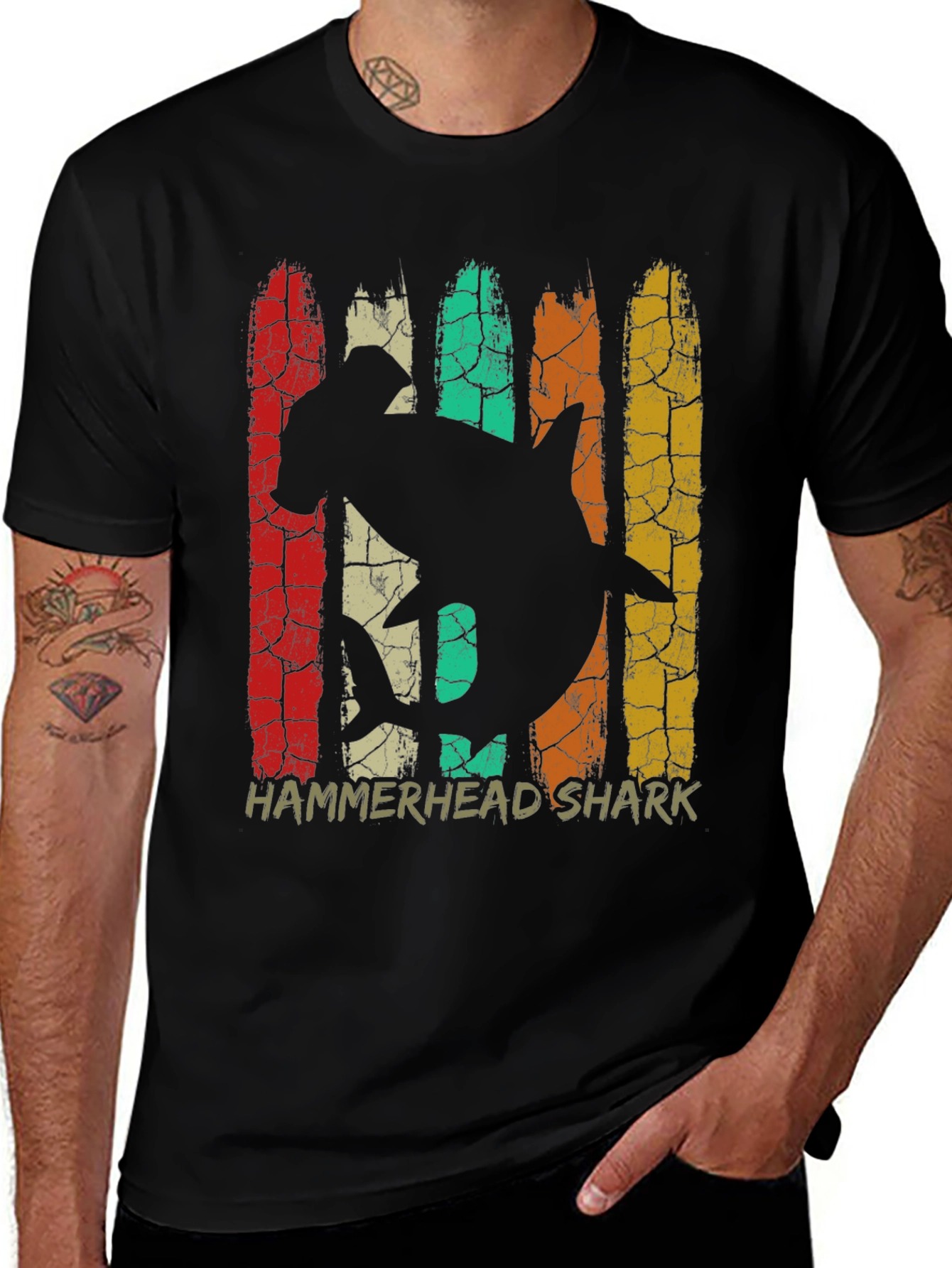 Hammerhead Shark Retro Graphic Tee - Black Cotton T-Shirt