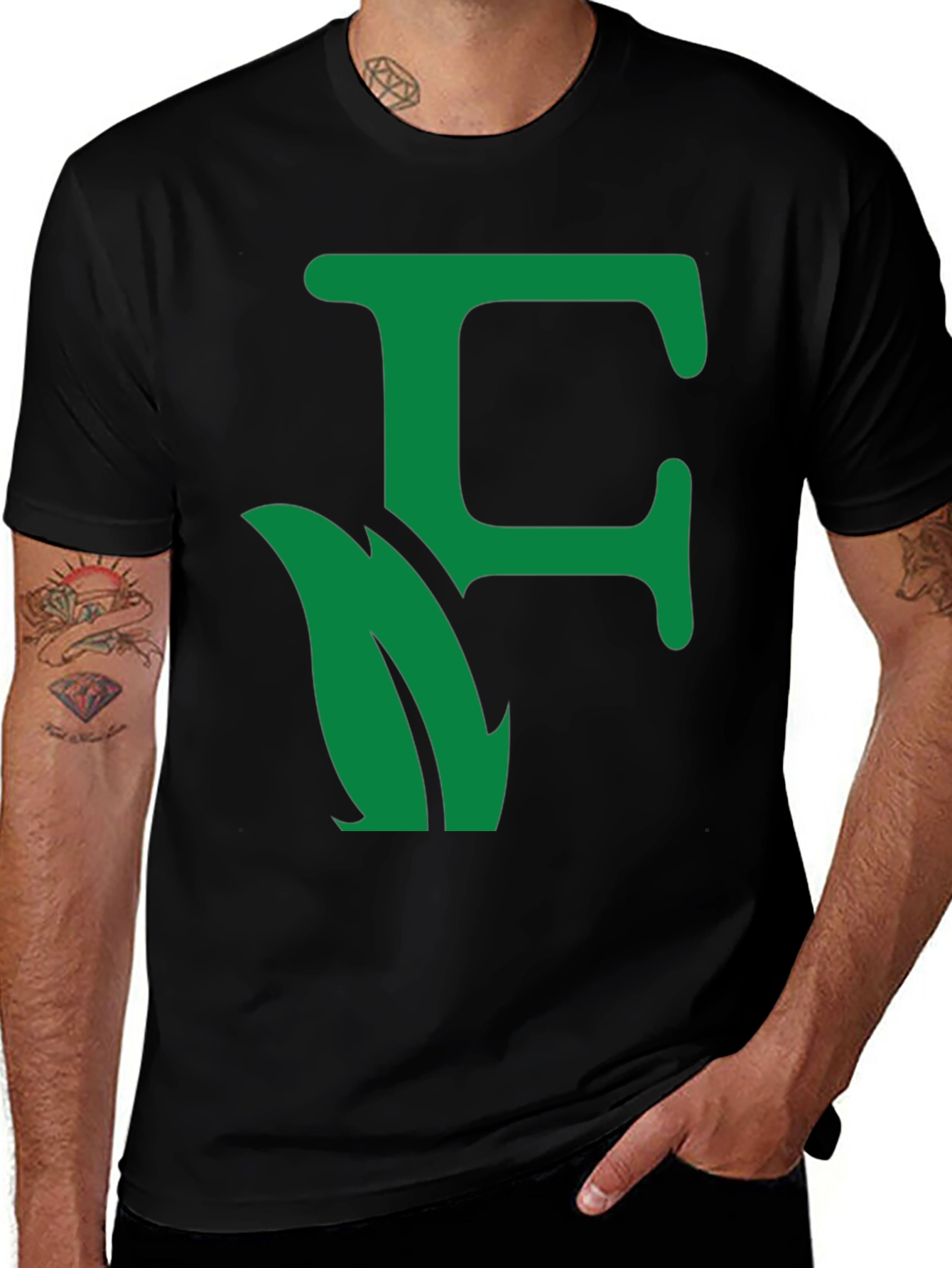 Variant 22 of Green Leaf Initial "F" Black T-Shirt