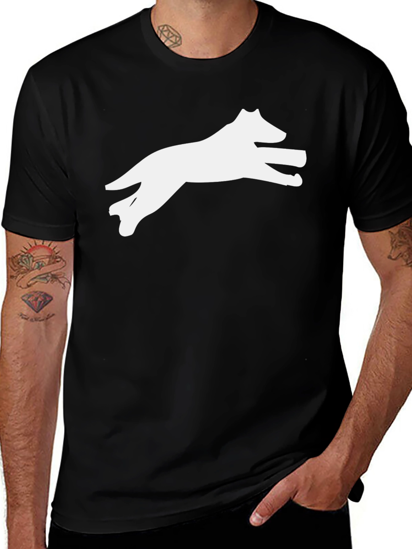 Variant 23 of Black T-Shirt with White Leaping Dog Silhouette