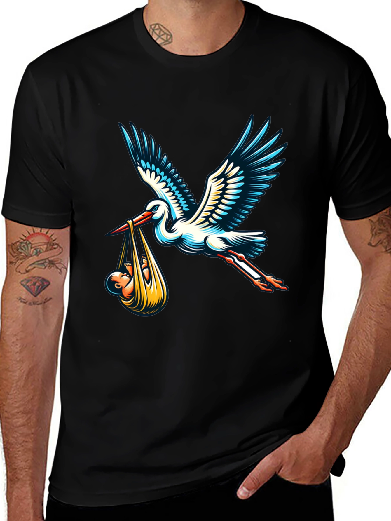 Variant 25 of Stork Carrying Baby Graphic Tee - Black T-Shirt