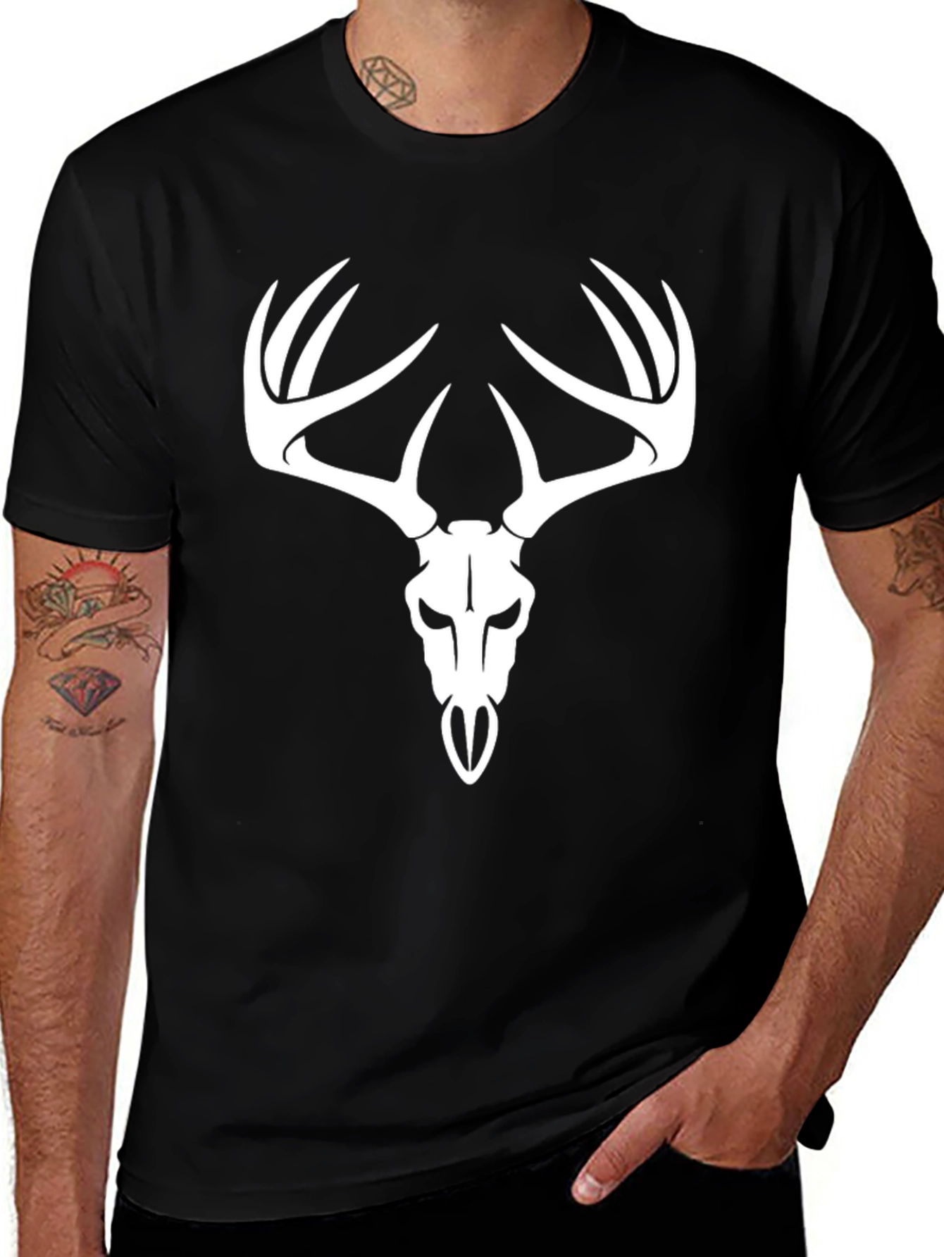 Black Deer Skull Graphic Tee - Black Cotton T-Shirt main image
