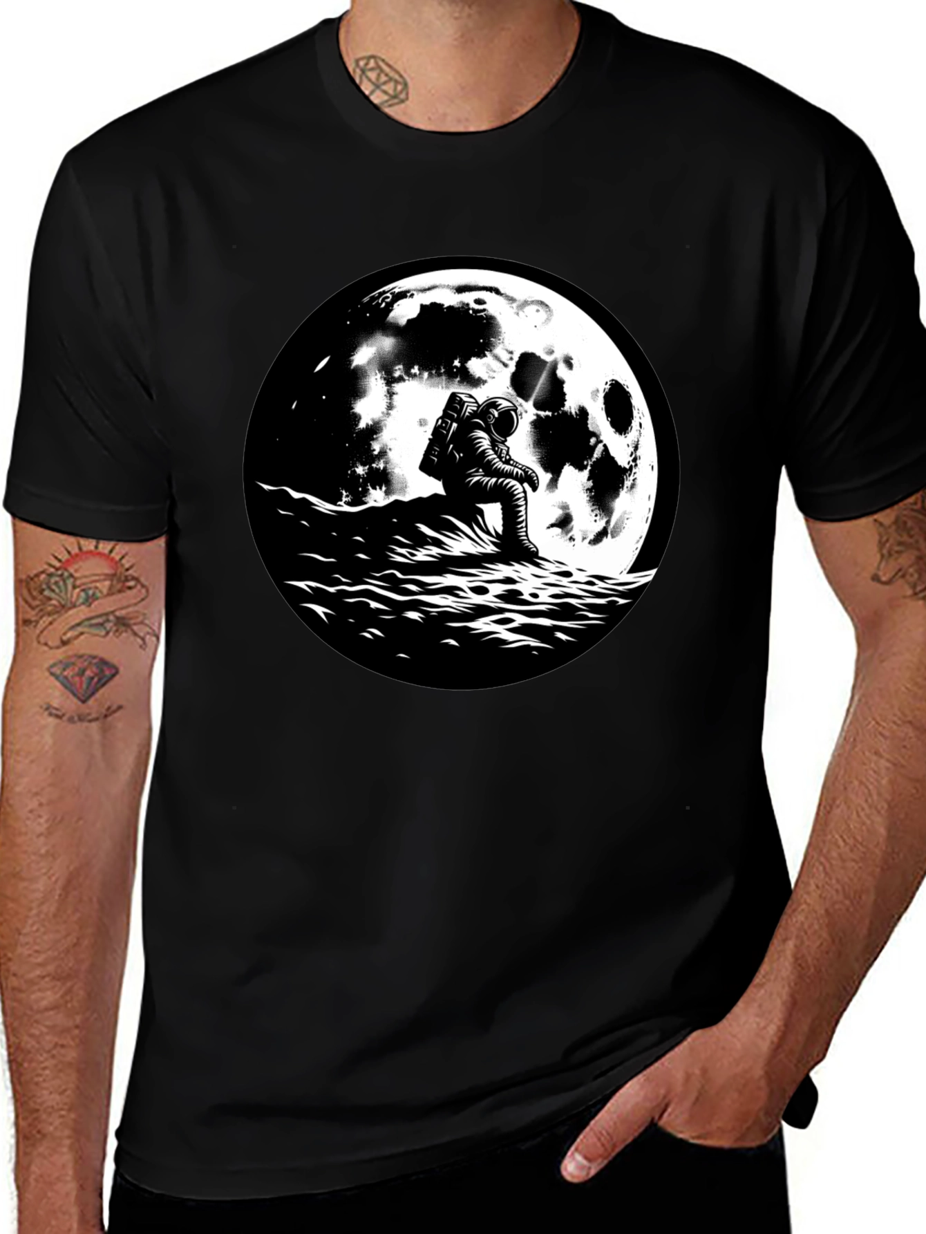 Variant 14 of Astronaut Moon Graphic T-Shirt - Black Cotton Tee