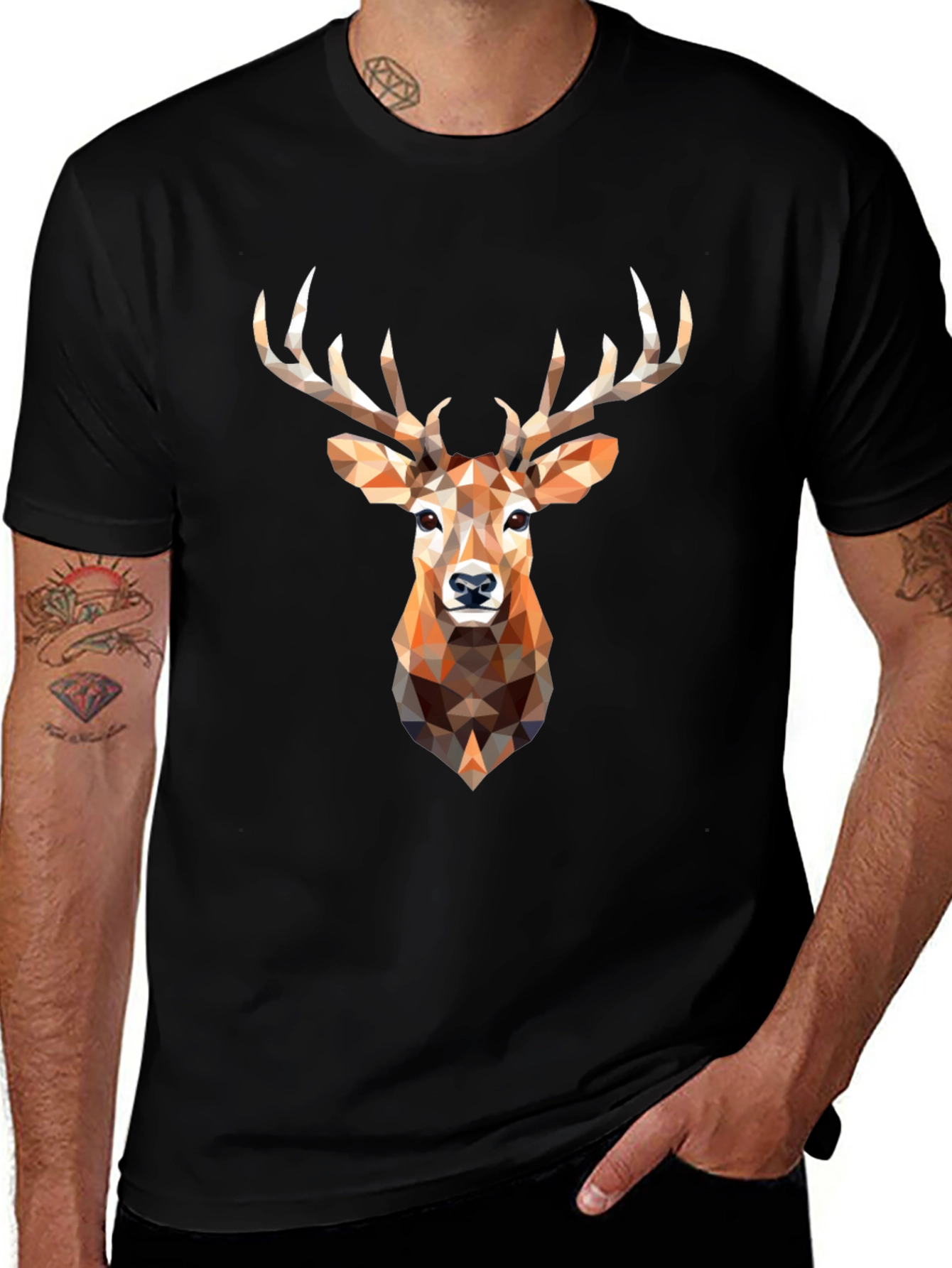 Variant 8 of Geometric Deer Head Graphic Print Black T-Shirt