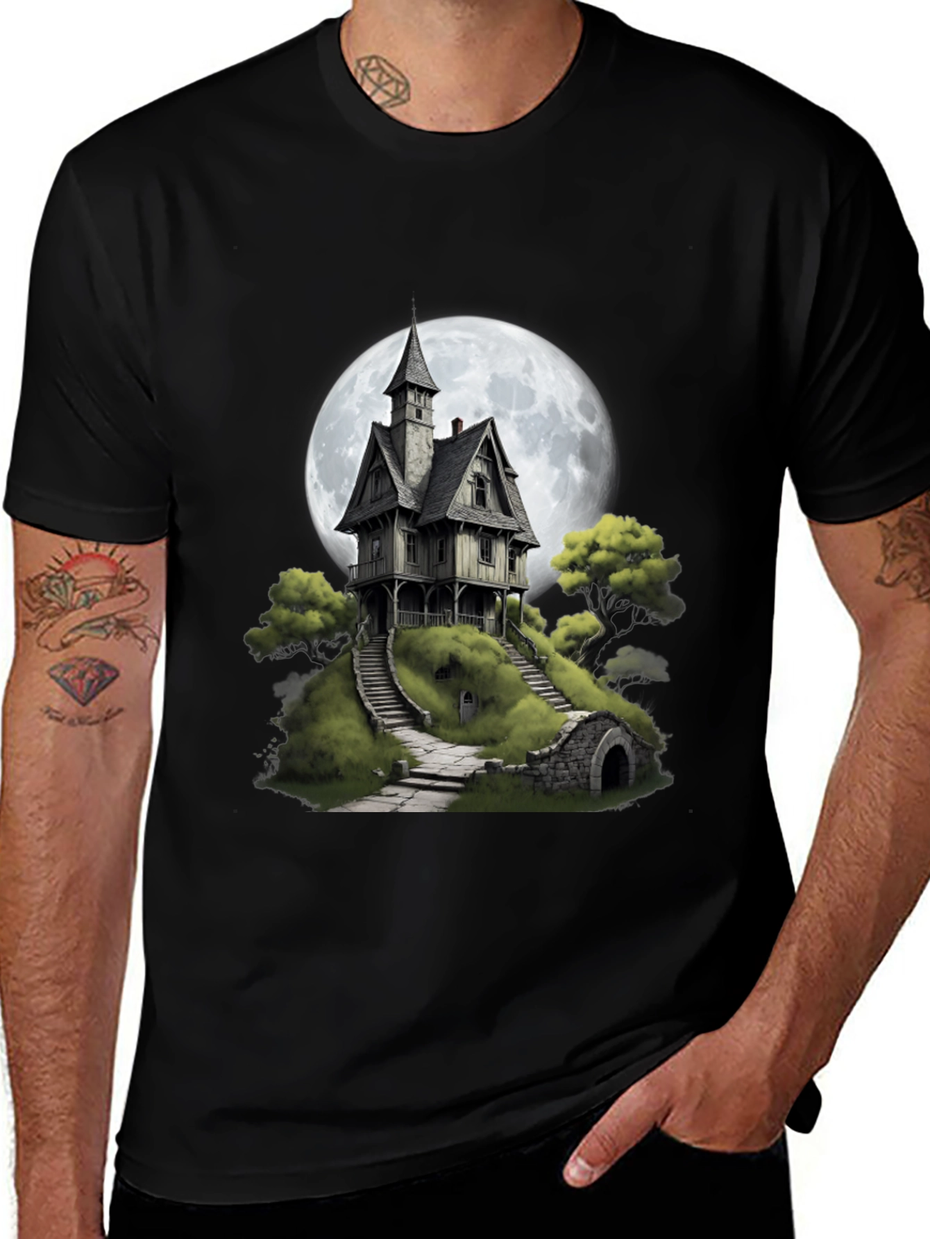 Variant 11 of Haunted House T-Shirt - Spooky Full Moon Design