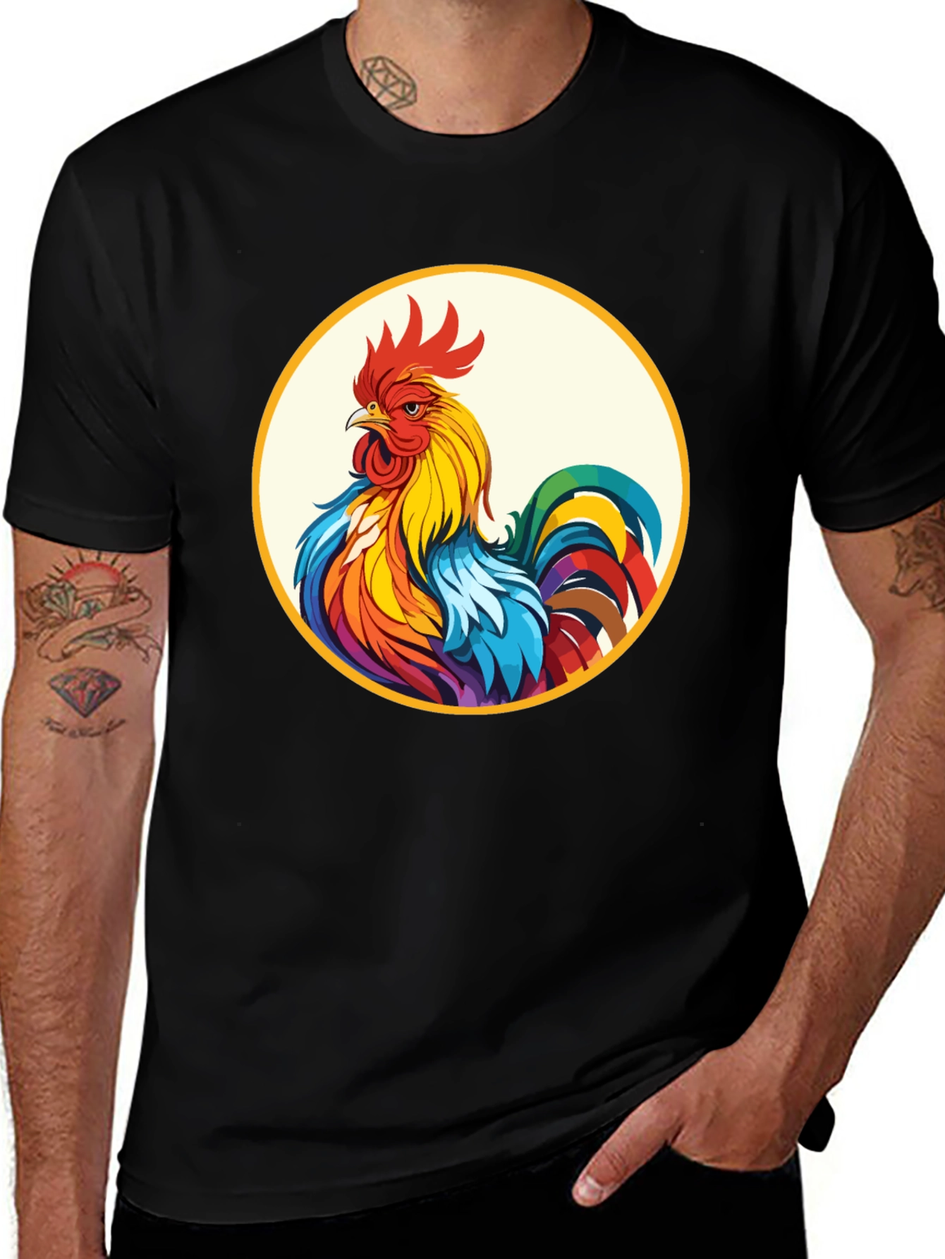 Variant 24 of Colorful Rooster Graphic Black T-Shirt
