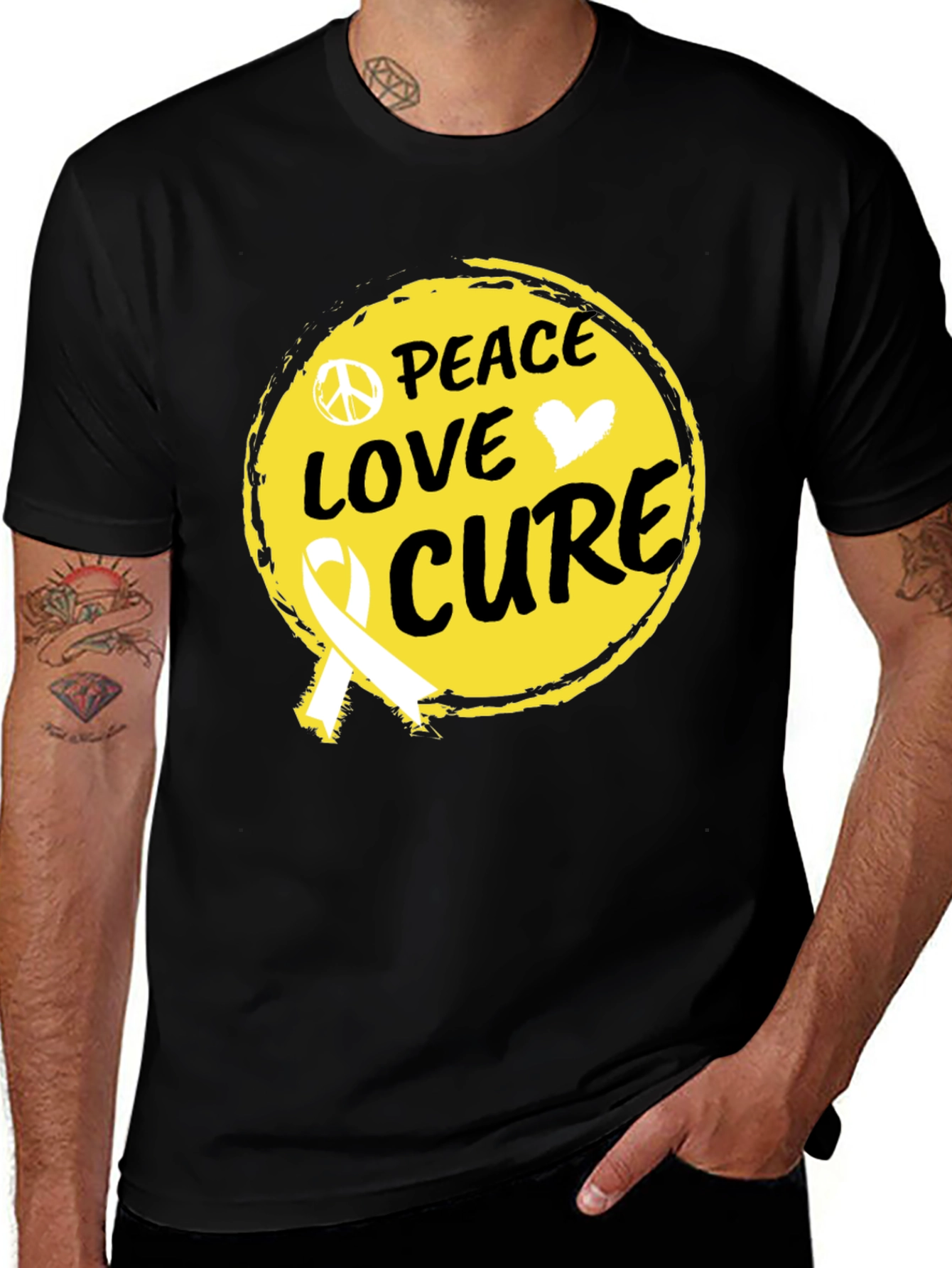Variant 9 of Peace Love Cure Graphic Tee - Childhood Cancer Awareness