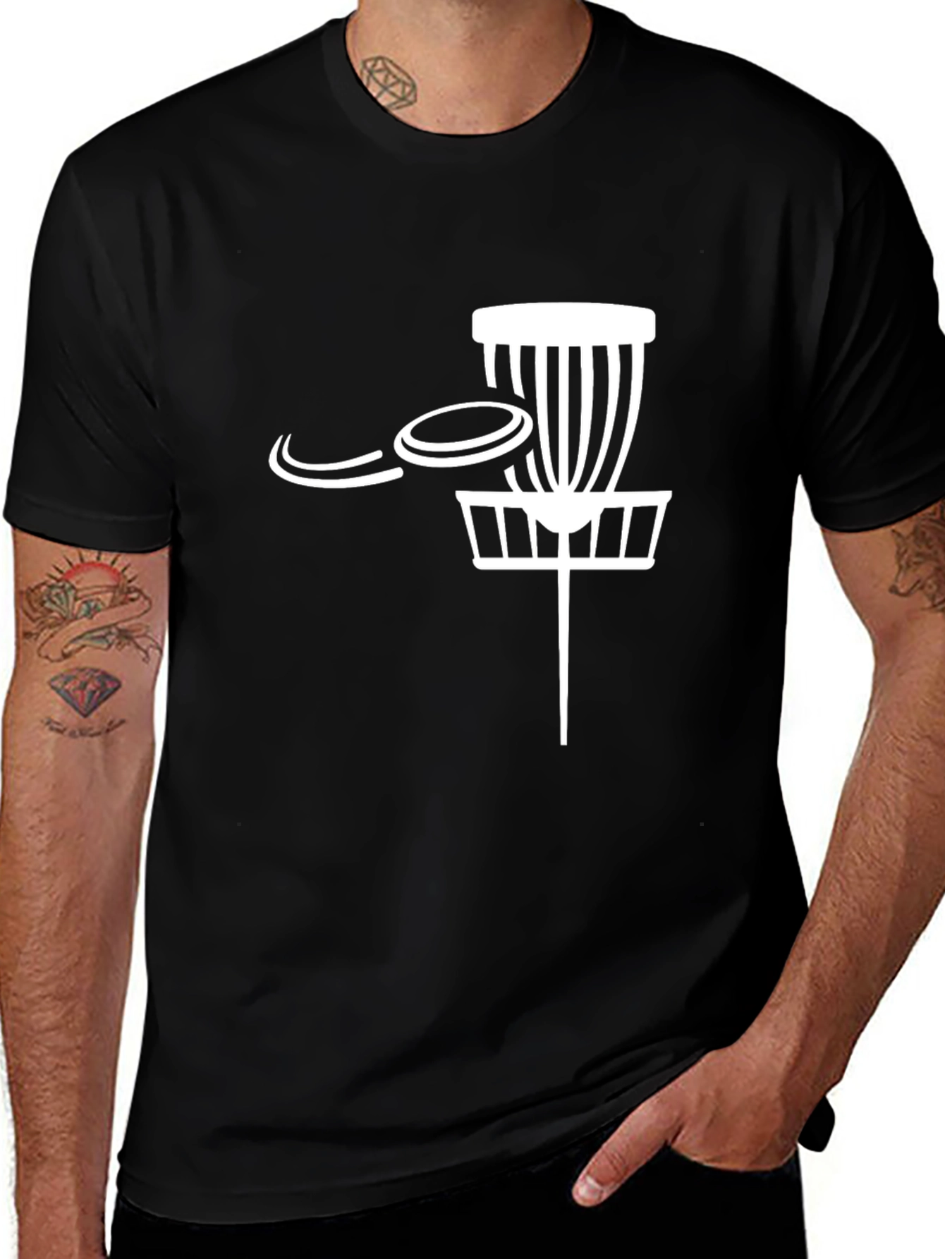 Disc Golf T-Shirt - Basket and Flying Disc Design