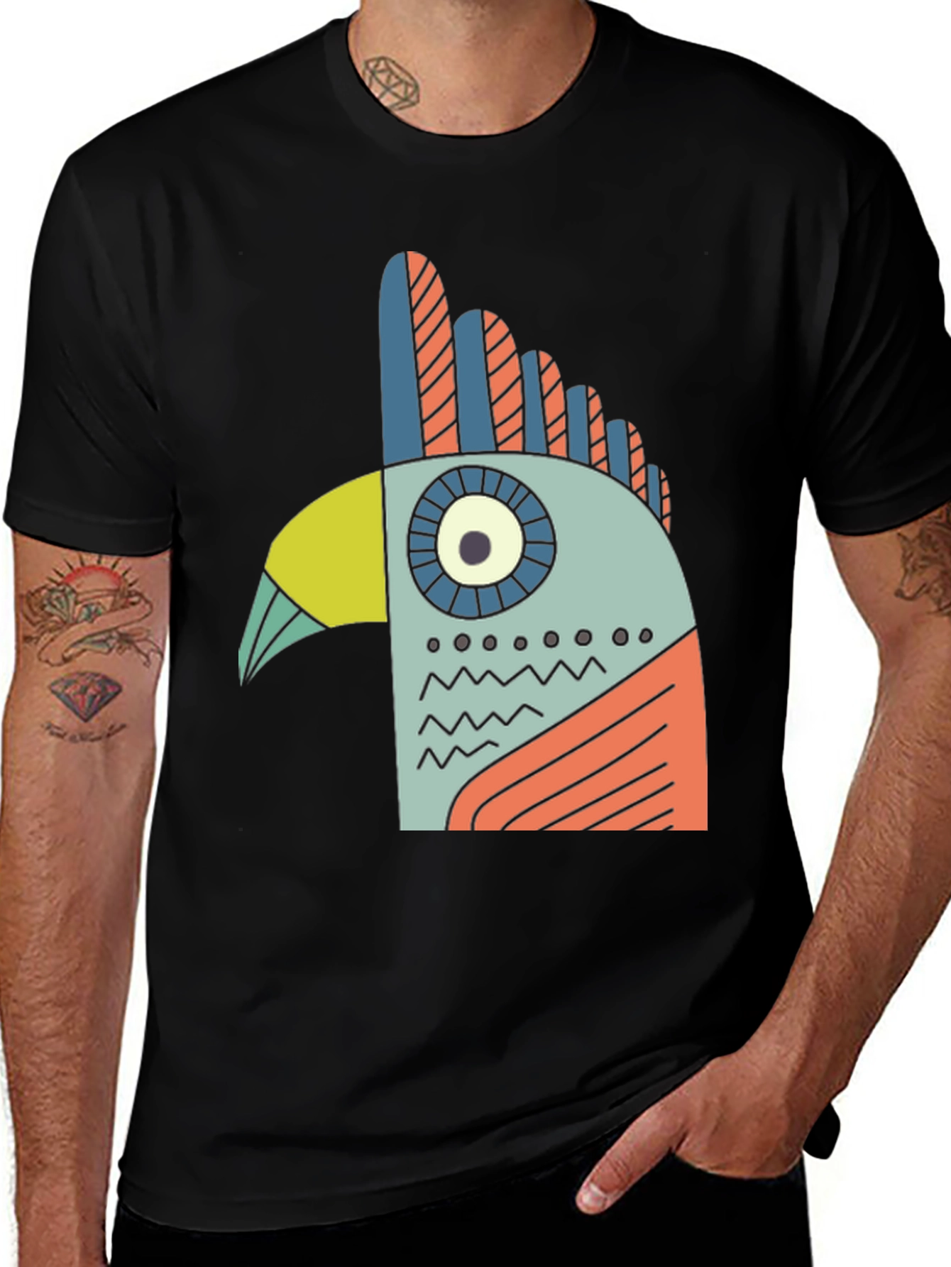 Black Abstract Bird Graphic Tee - Black Cotton T-Shirt main image