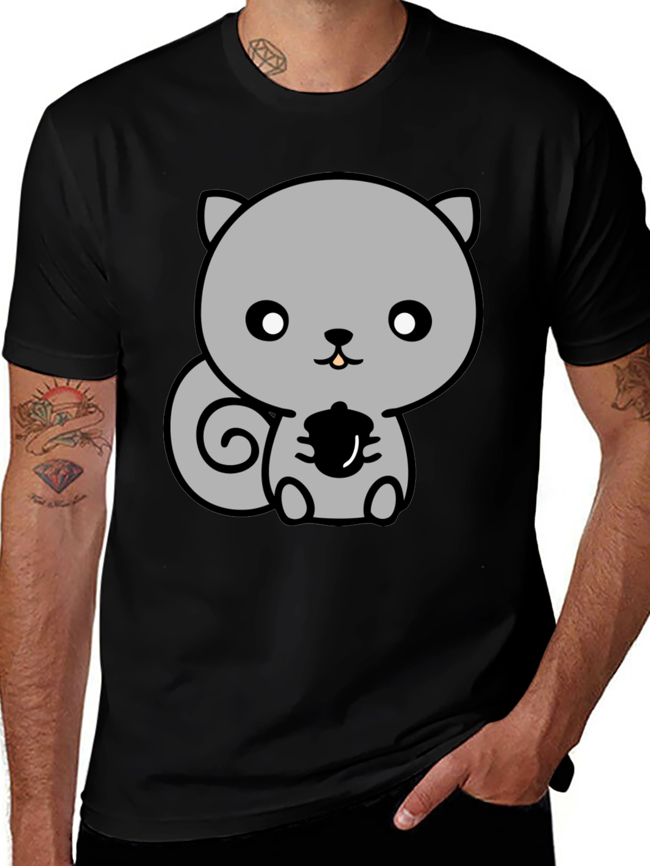 Variant 21 of Cute Cartoon Squirrel Holding Acorn Black T-Shirt