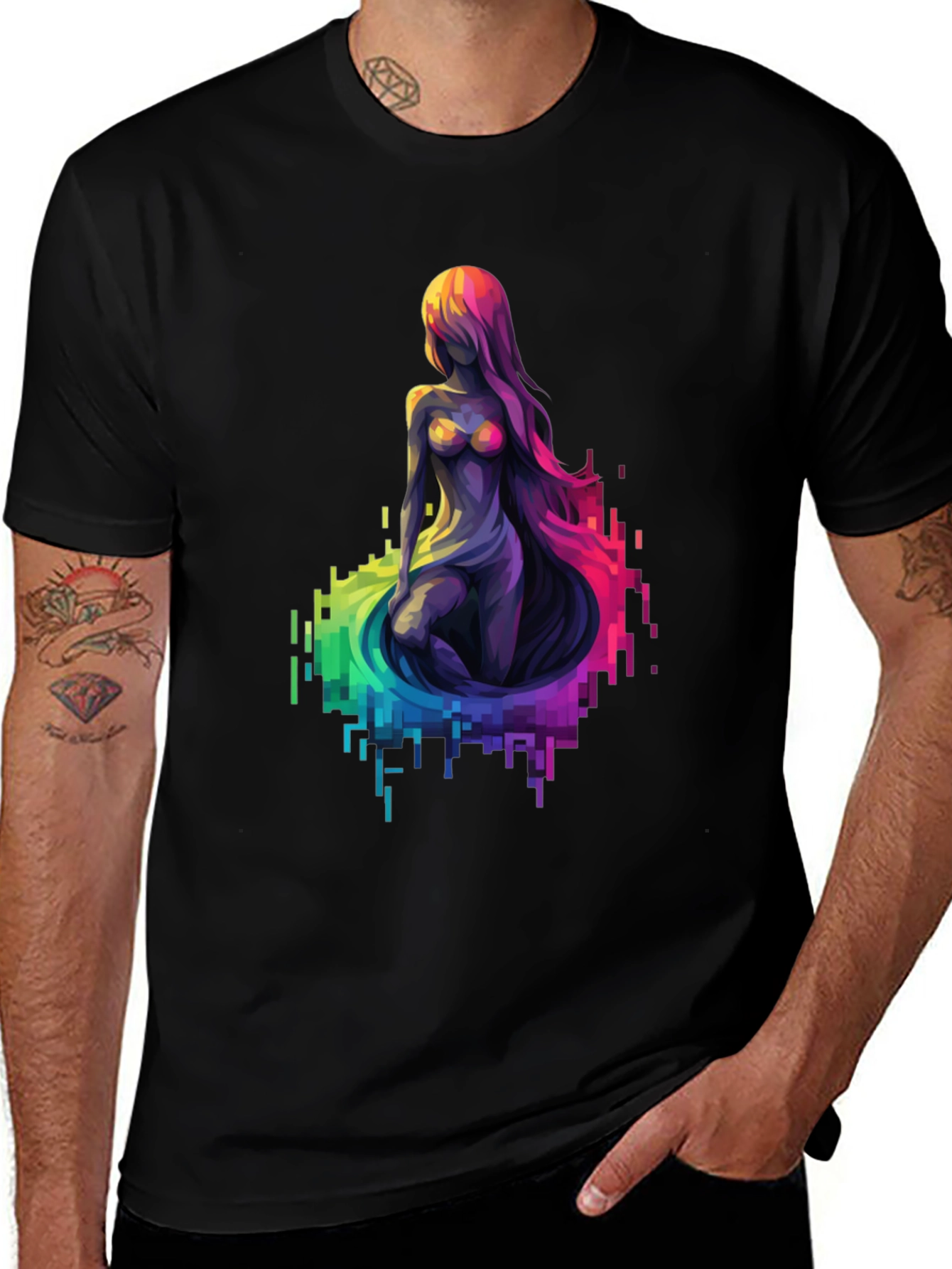 Variant 26 of Pixel Mermaid Graphic Tee - Black Crewneck T-Shirt