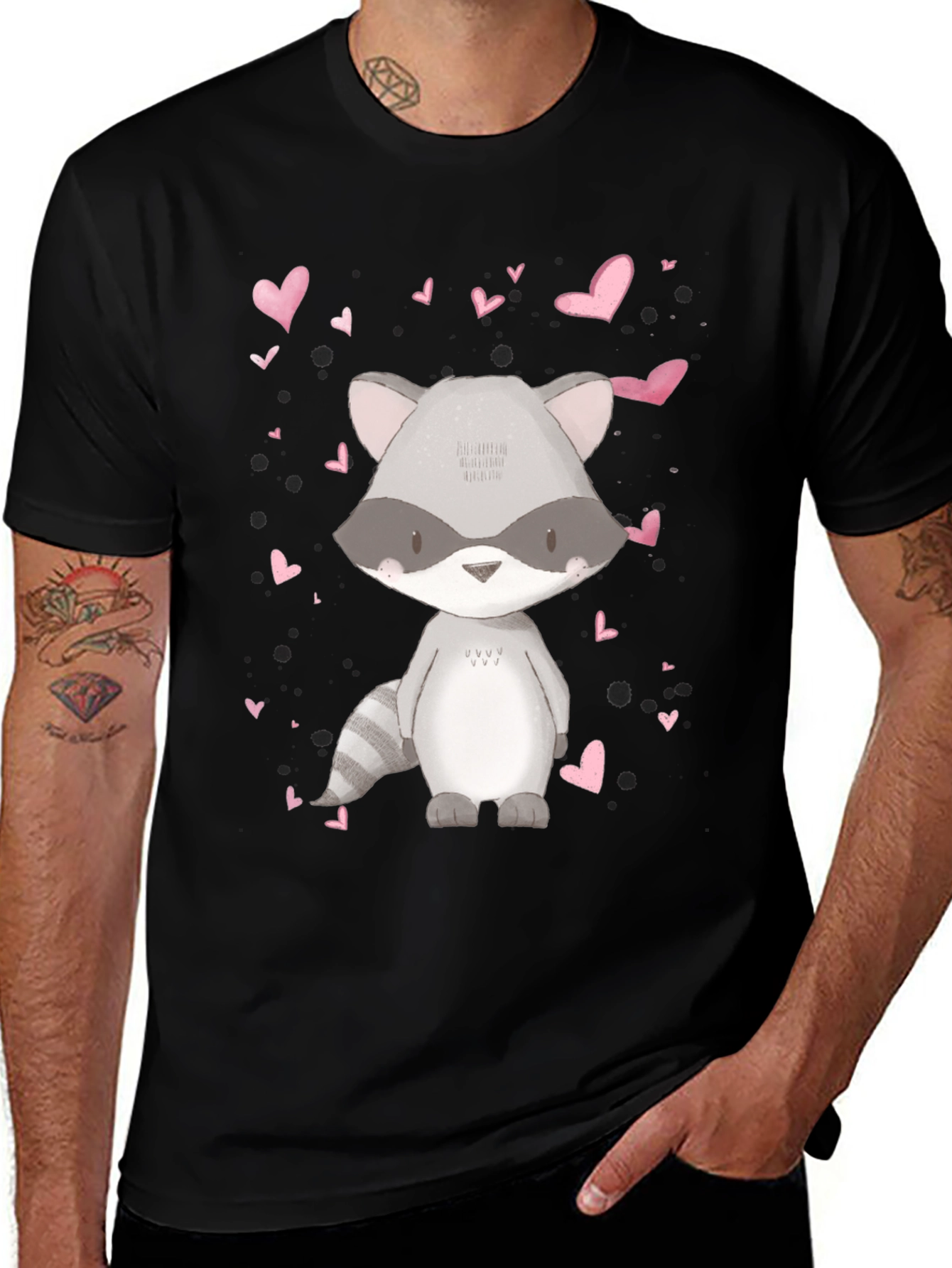 Variant 8 of Cute Raccoon & Hearts Graphic Tee - Black