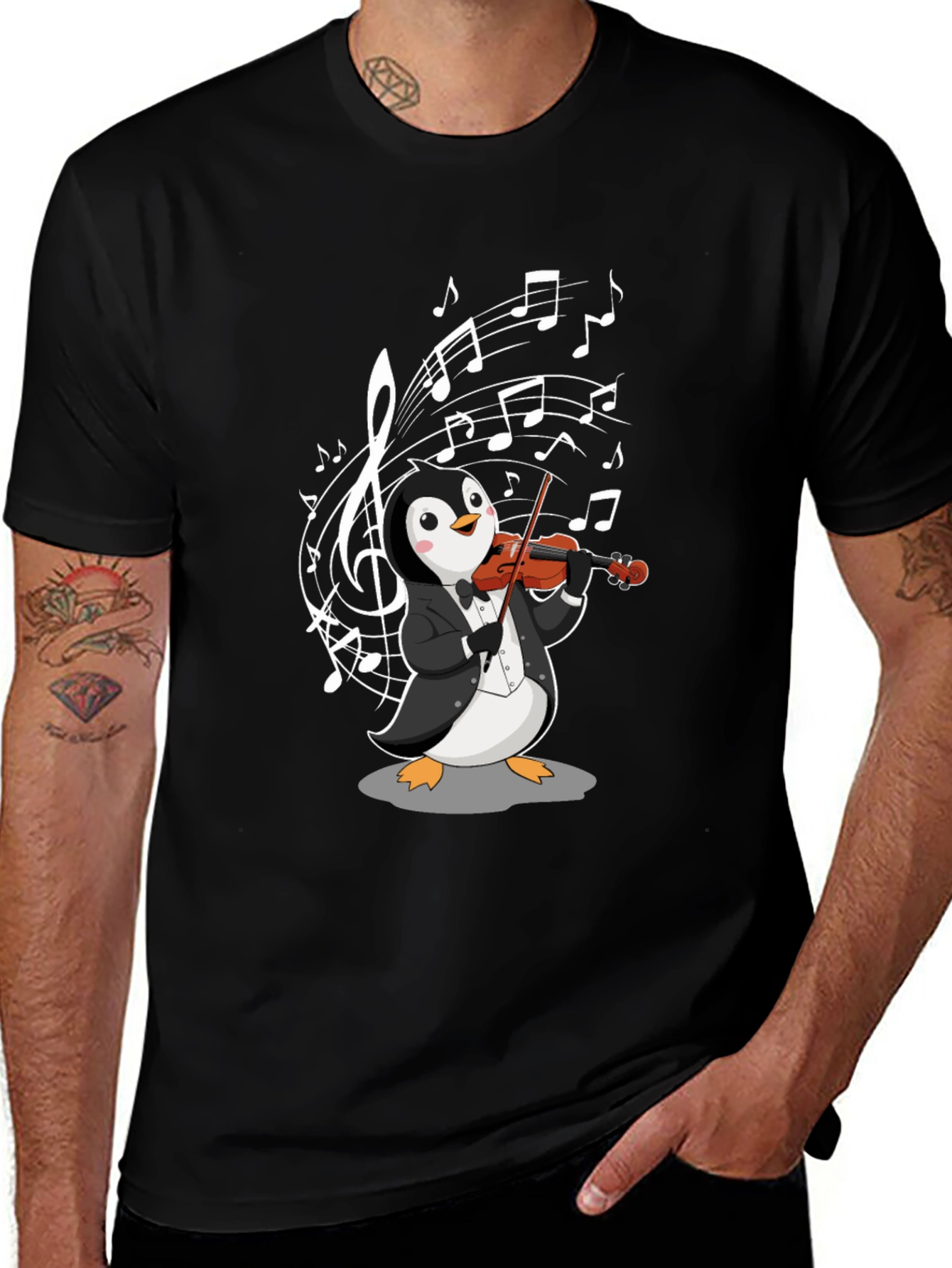 Black Penguin Violinist Graphic T-Shirt - Music Lover Tee main image