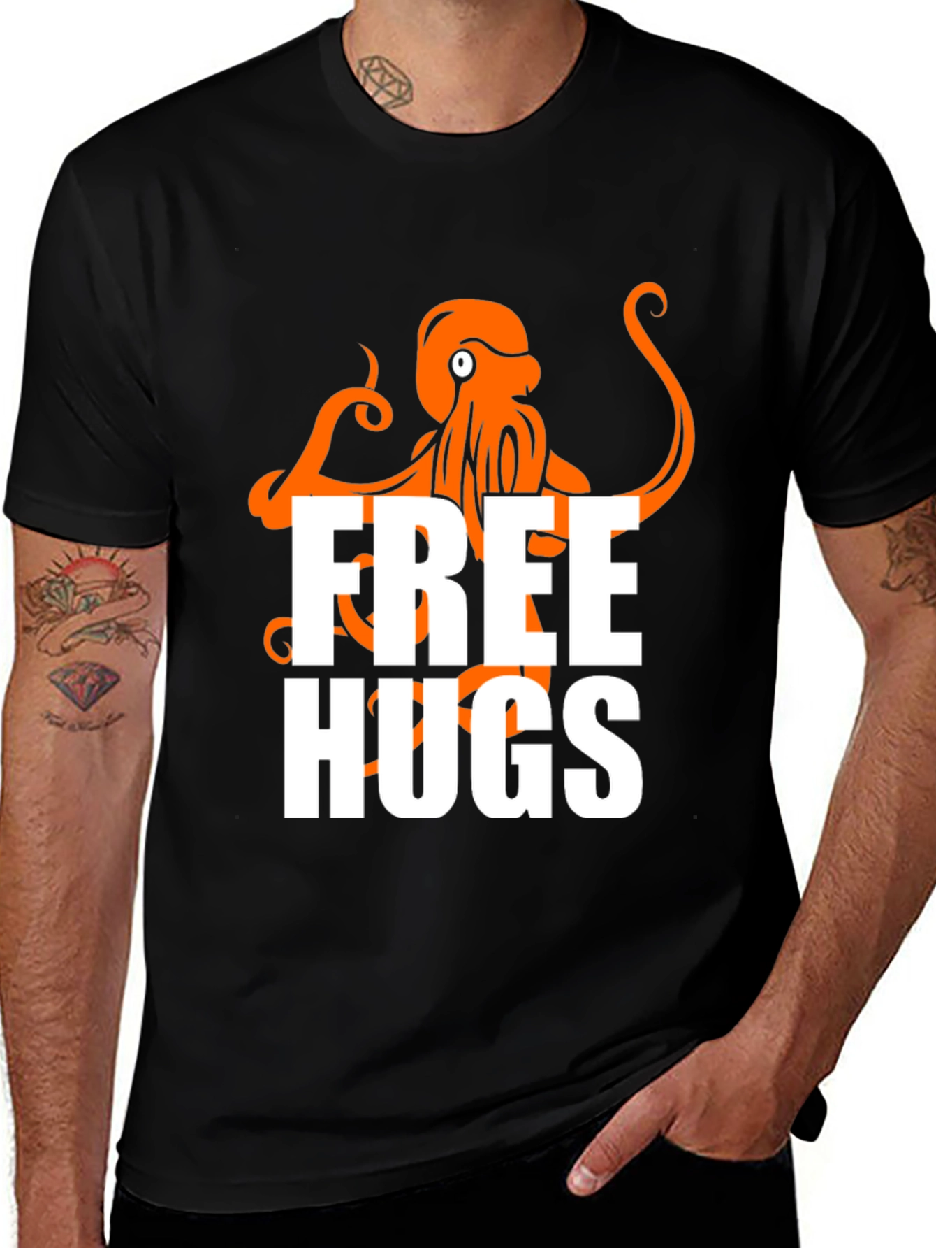 Variant 22 of Free Hugs Octopus Graphic Tee - Black Cotton T-Shirt