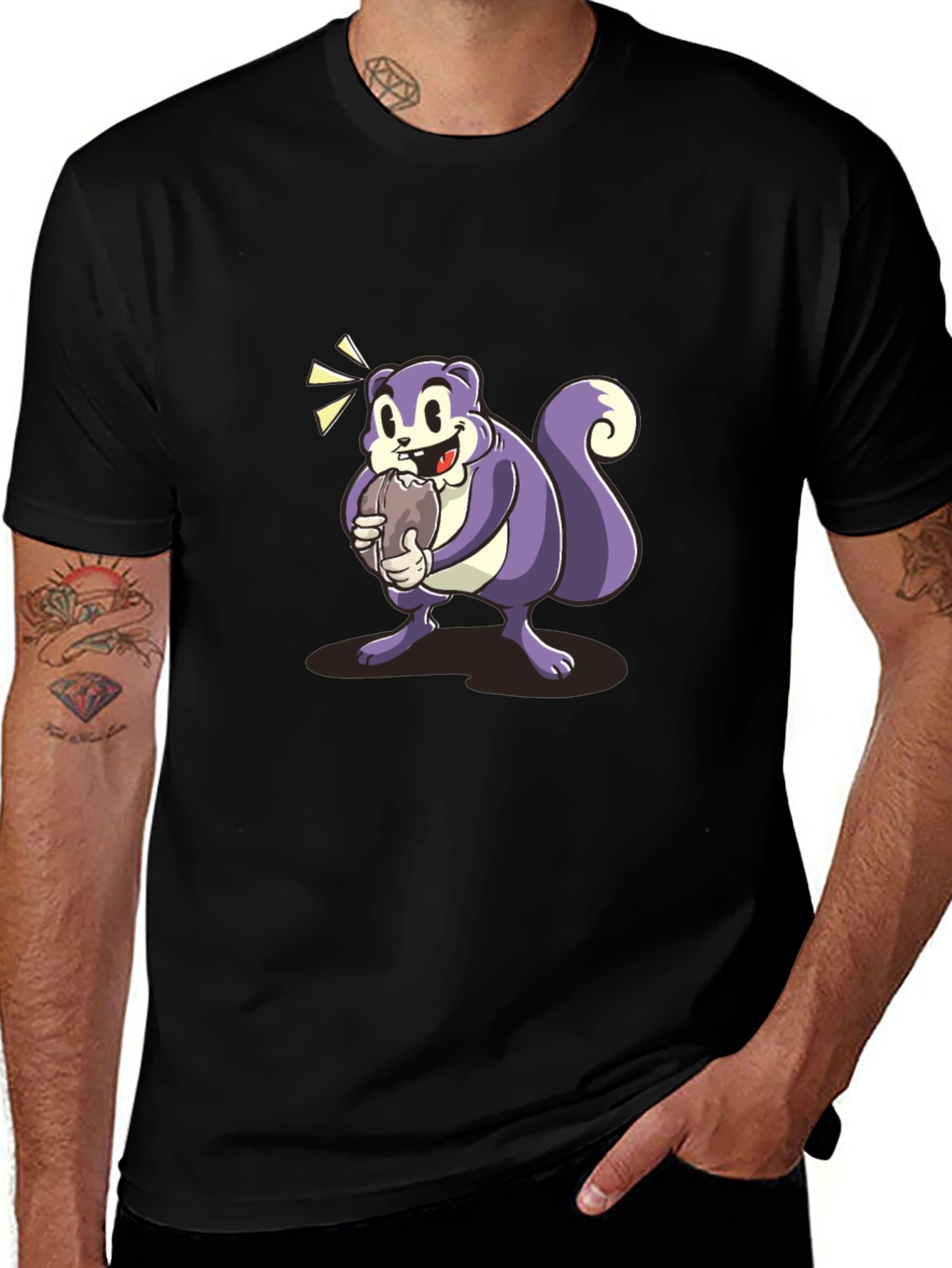 Variant 13 of Cartoon Squirrel Graphic Tee - Black Cotton Blend
