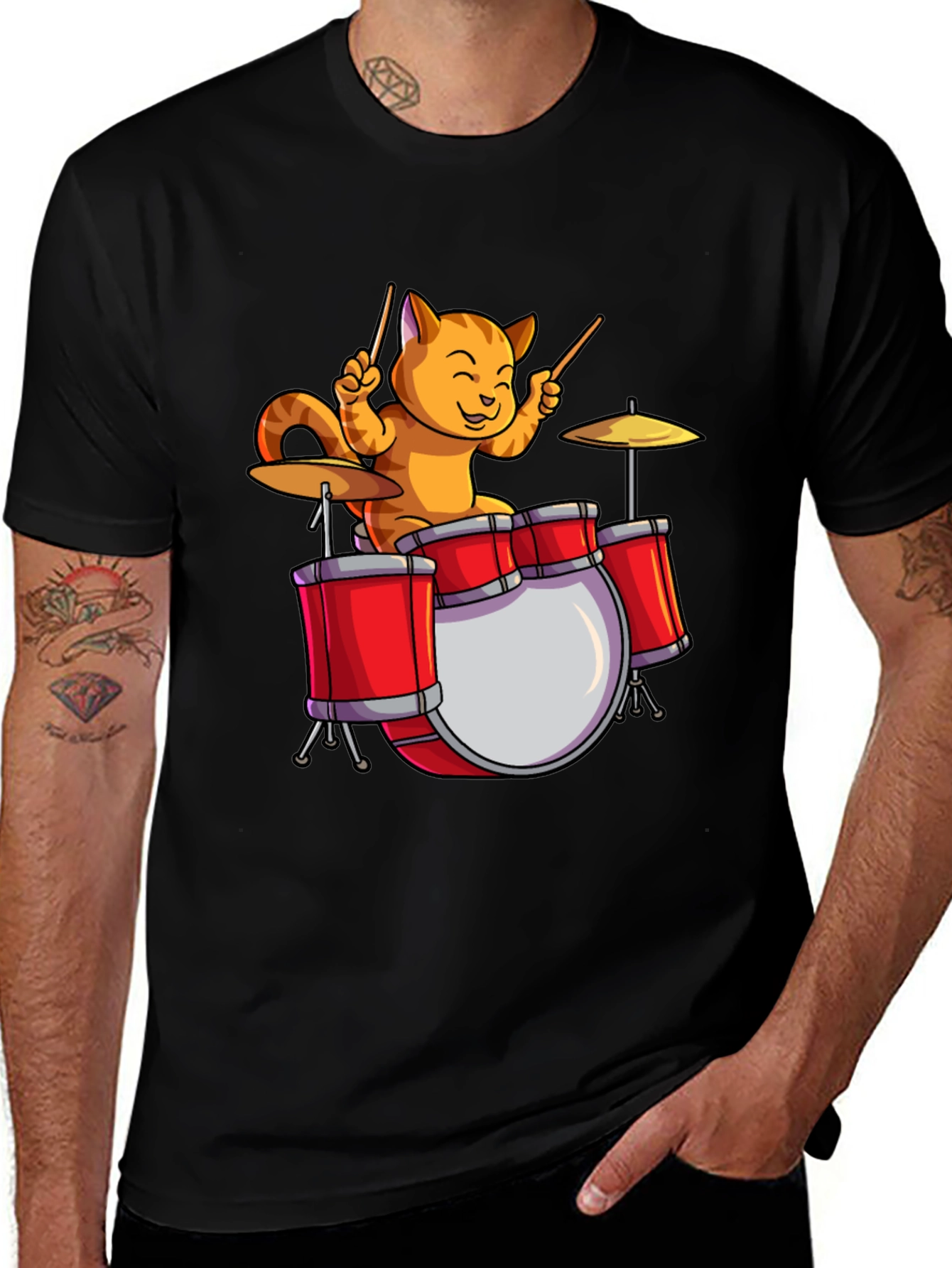 Variant 24 of Cat Drummer Graphic T-Shirt - Music Lover Tee
