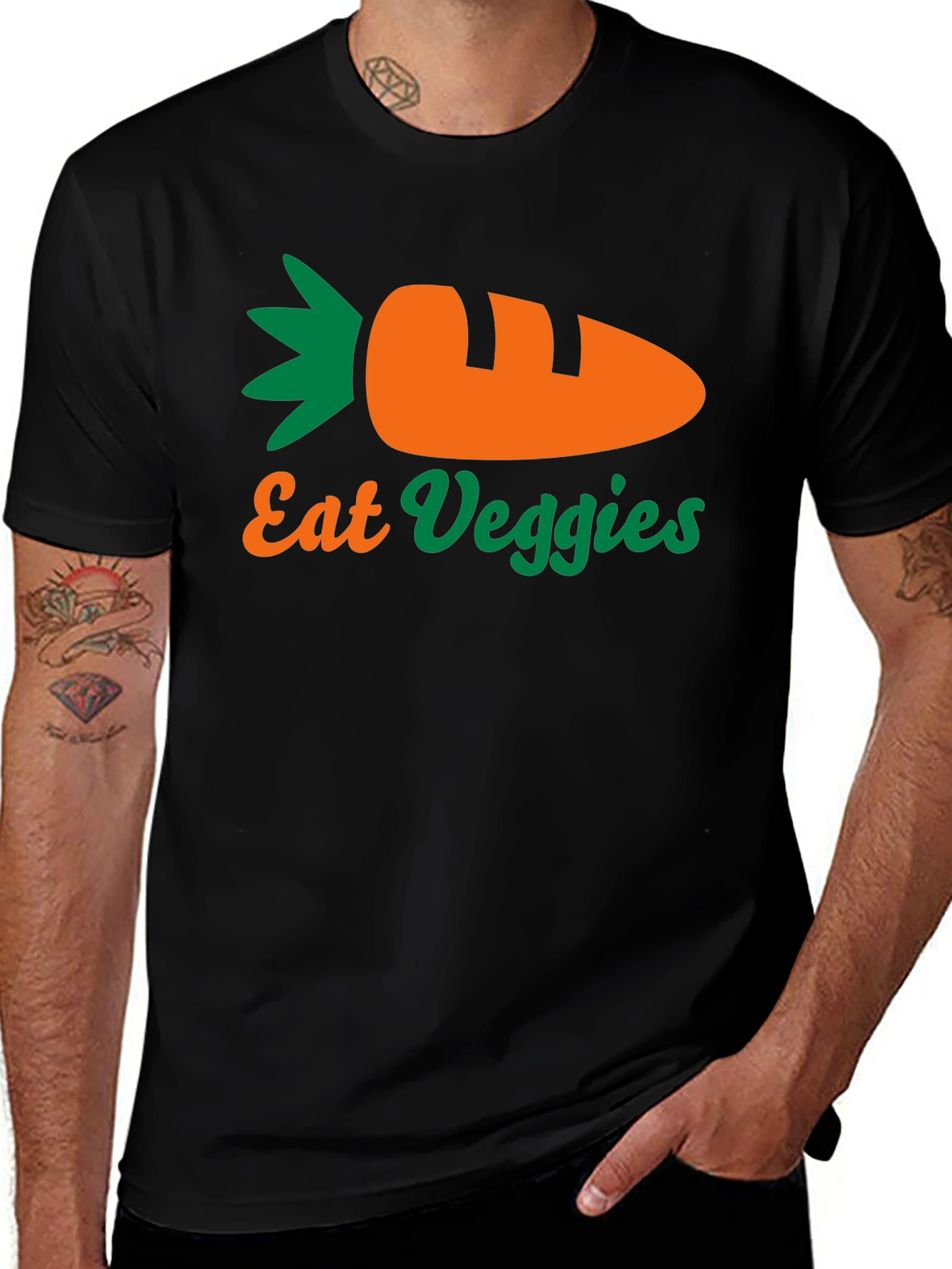 Eat Veggies T-Shirt - Black, Carrot Design