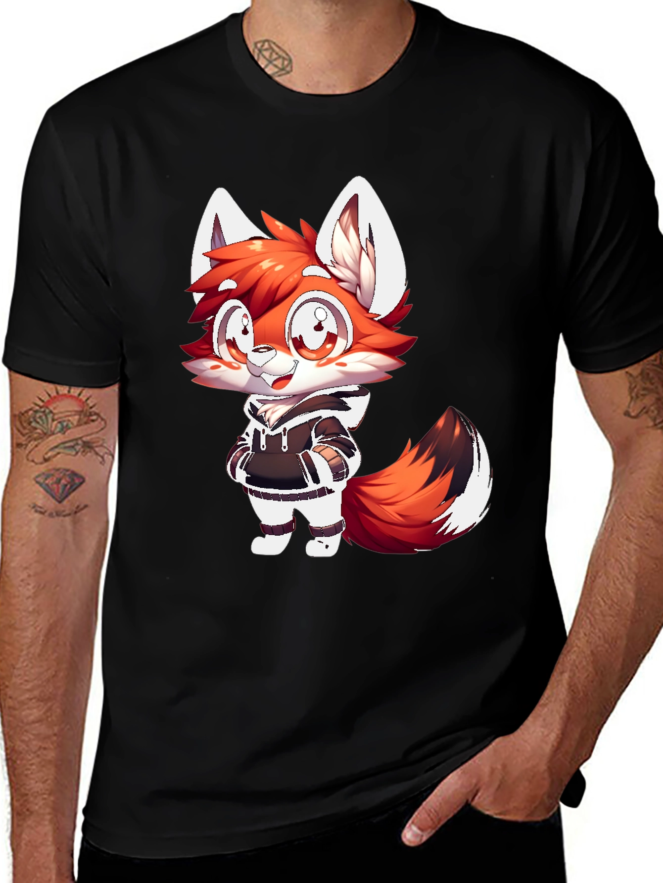 Cartoon Fox Graphic Tee - Casual Black T-Shirt