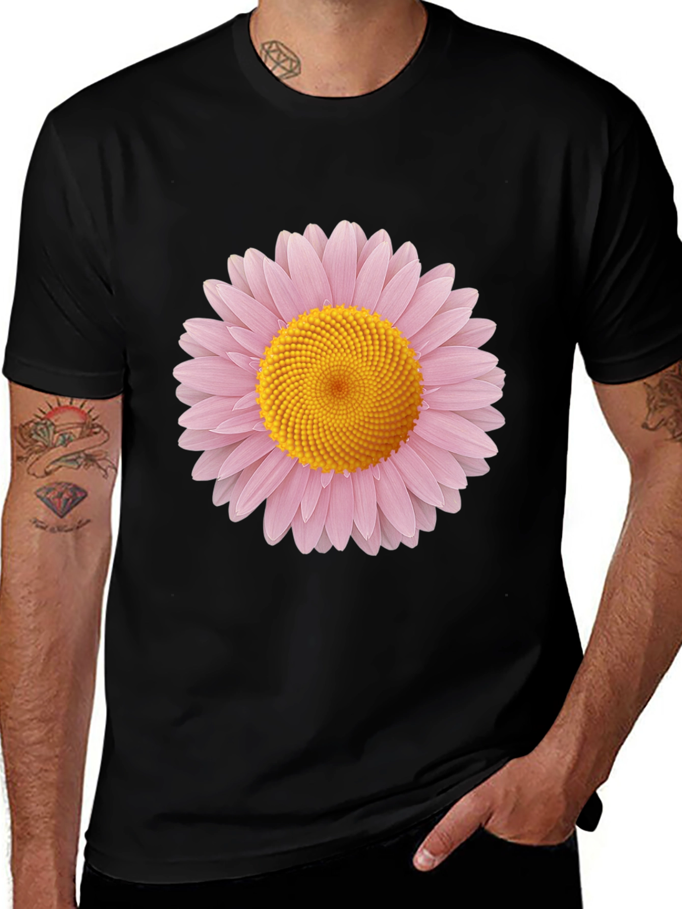 Variant 26 of Black T-Shirt with Pink and Yellow Daisy Graphic