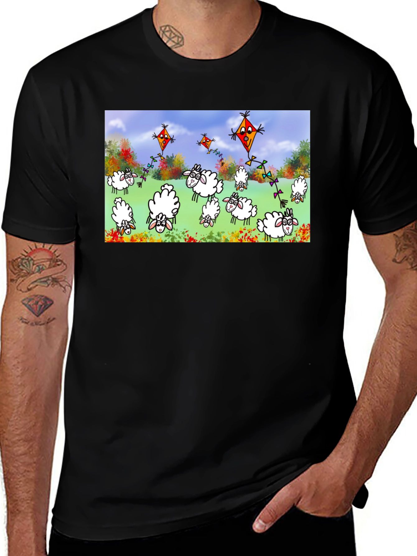 Variant 30 of Cartoon Sheep & Kite Print Black Tee