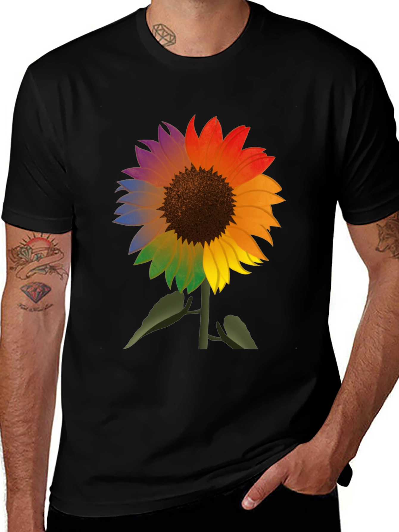 Variant 18 of Rainbow Sunflower Graphic Tee - Men's Black T-Shirt