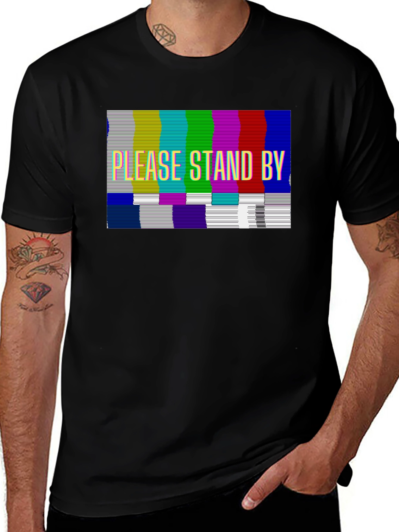 Variant 10 of Please Stand By Glitchy Graphic Tee - Black Cotton Comfort