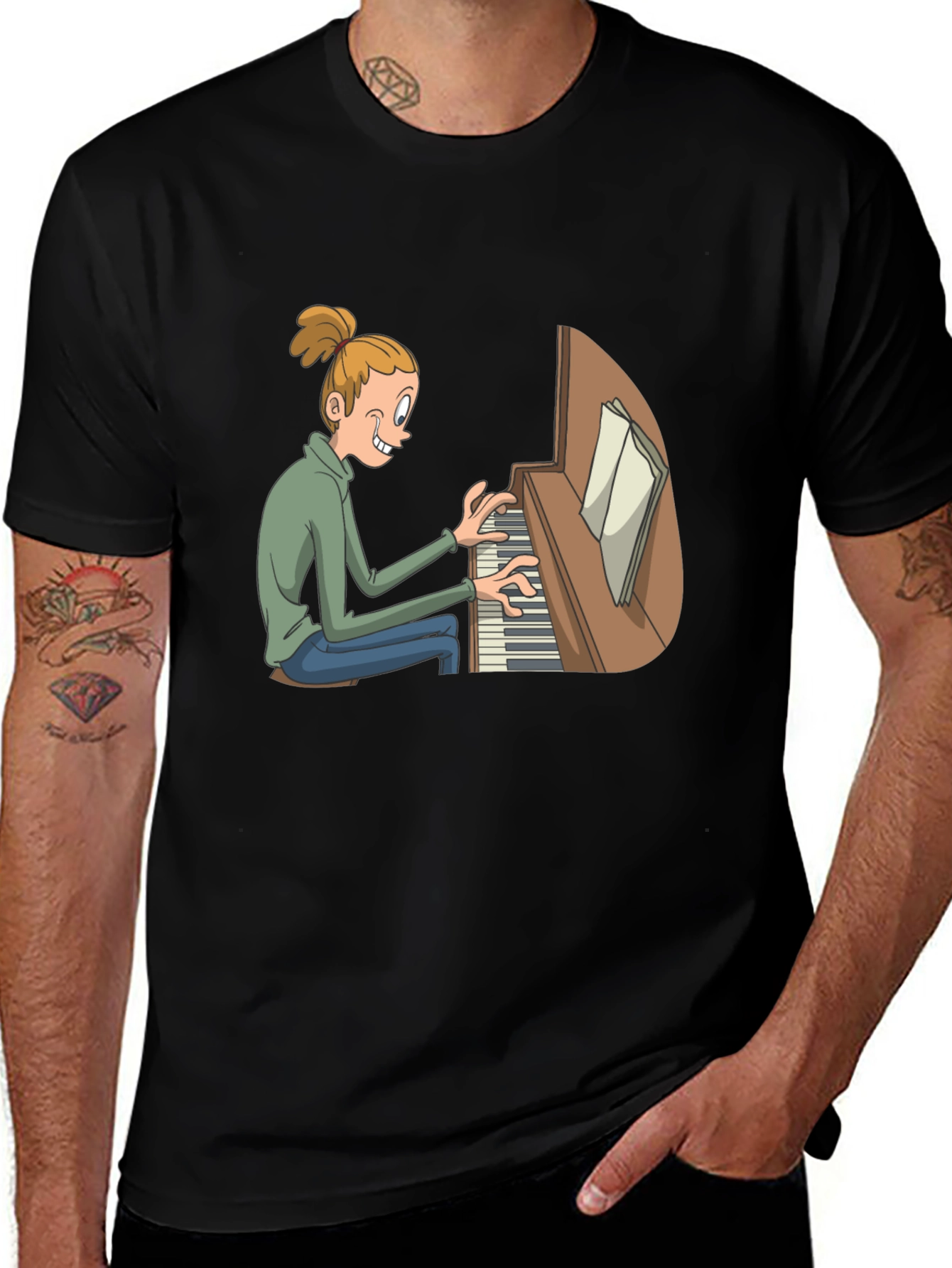 Variant 2 of Piano Player Cartoon Black T-Shirt