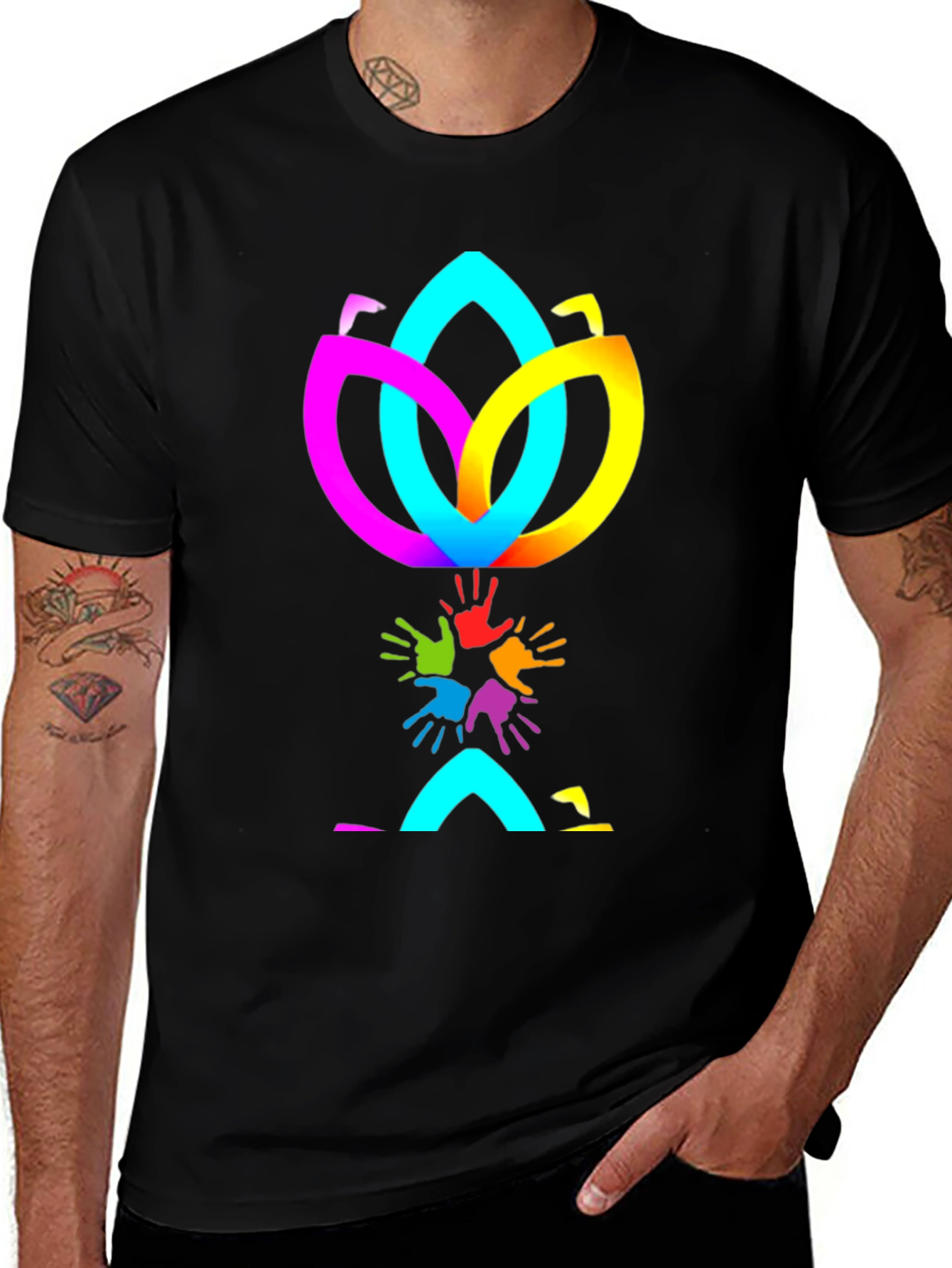 Variant 19 of Colorful Lotus Flower & Hands Graphic Black T-Shirt