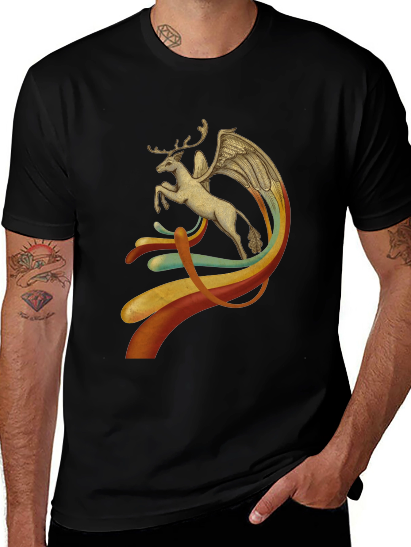 Variant 26 of Winged Deer Graphic Black T-Shirt