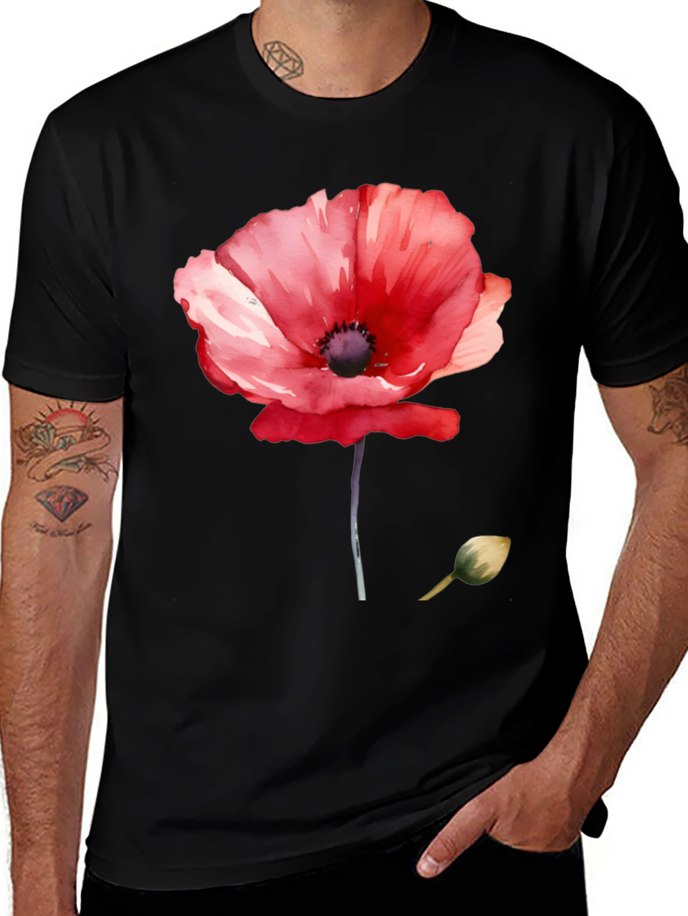 Variant 25 of Poppy Flower Print Black T-Shirt